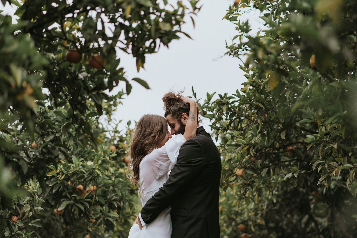 A couple embraces romantically among apple trees in an orchard on an overcast day.