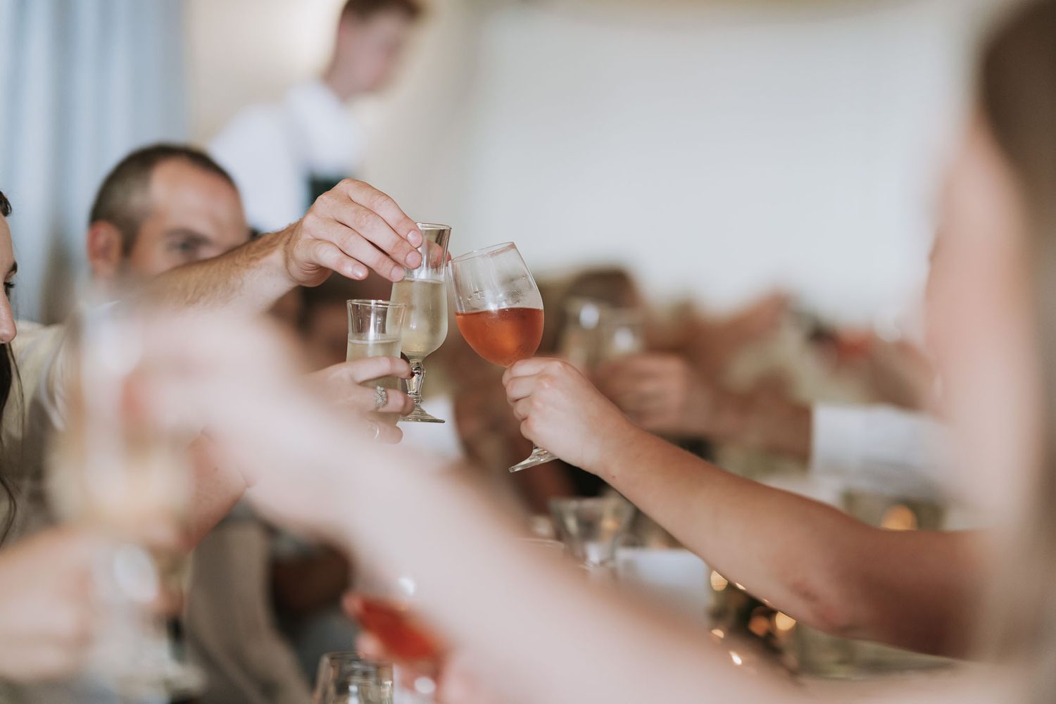 Multiple people toasting with wine glasses held high during a celebratory moment at a social gathering.