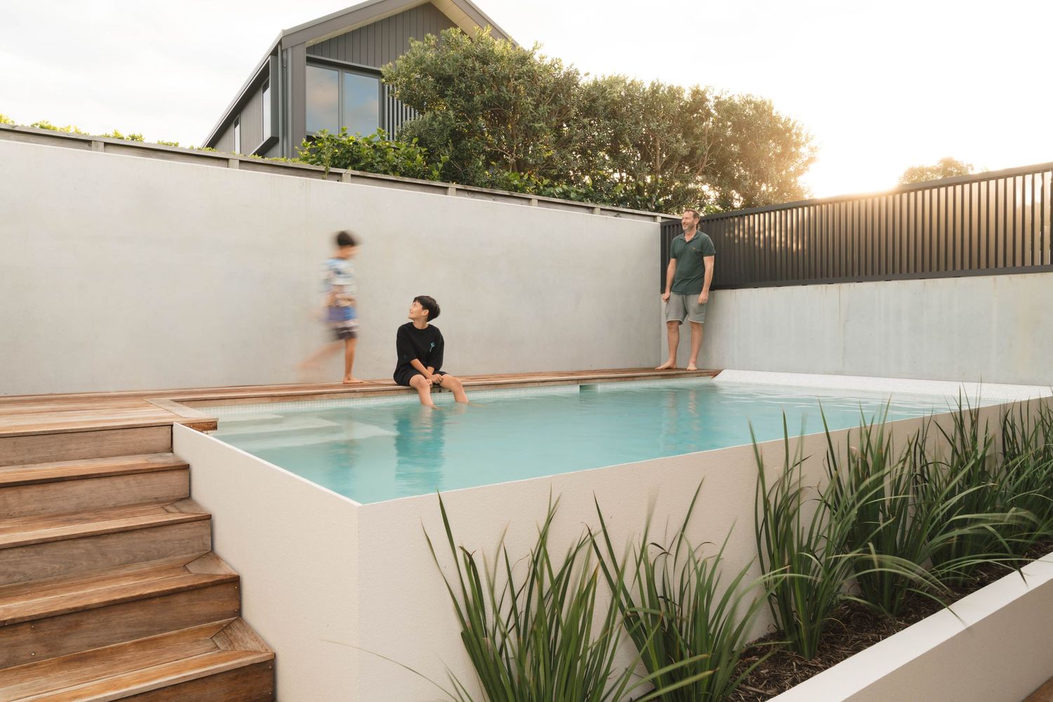 Modern backyard pool with concrete steps and ledge surrounded by landscaping at sunset.
