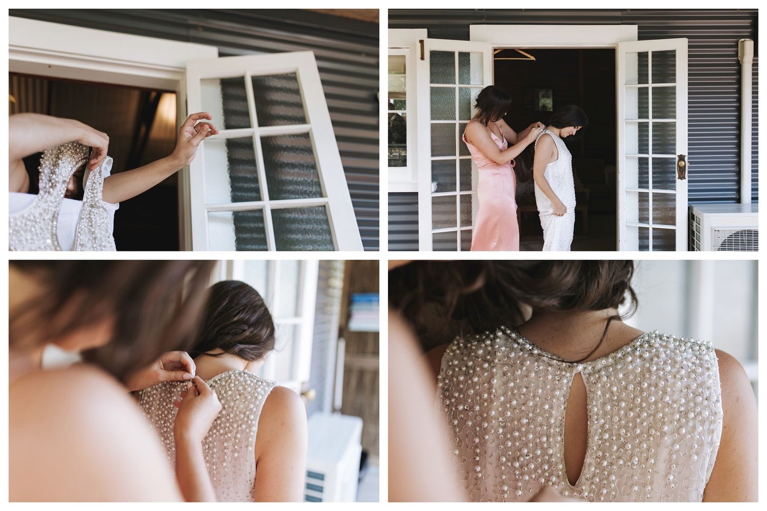Detail shots of a wedding dress back with delicate pearl beading and keyhole closure in natural light.