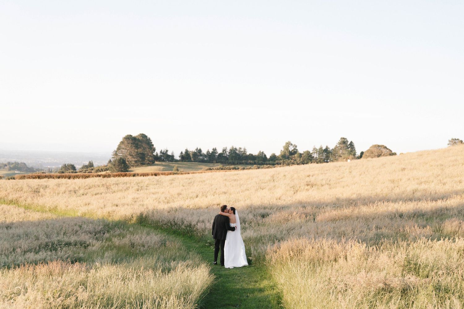 Bride and groom embrace in a golden field at sunset, surrounded by rolling hills and trees on their wedding day.