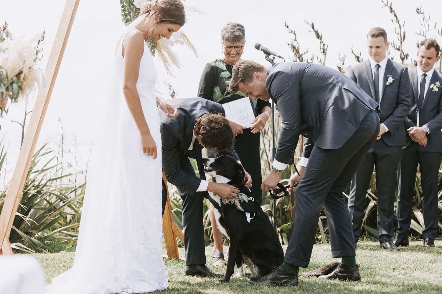 A wedding party gathered outdoors petting a black dog during the ceremony.