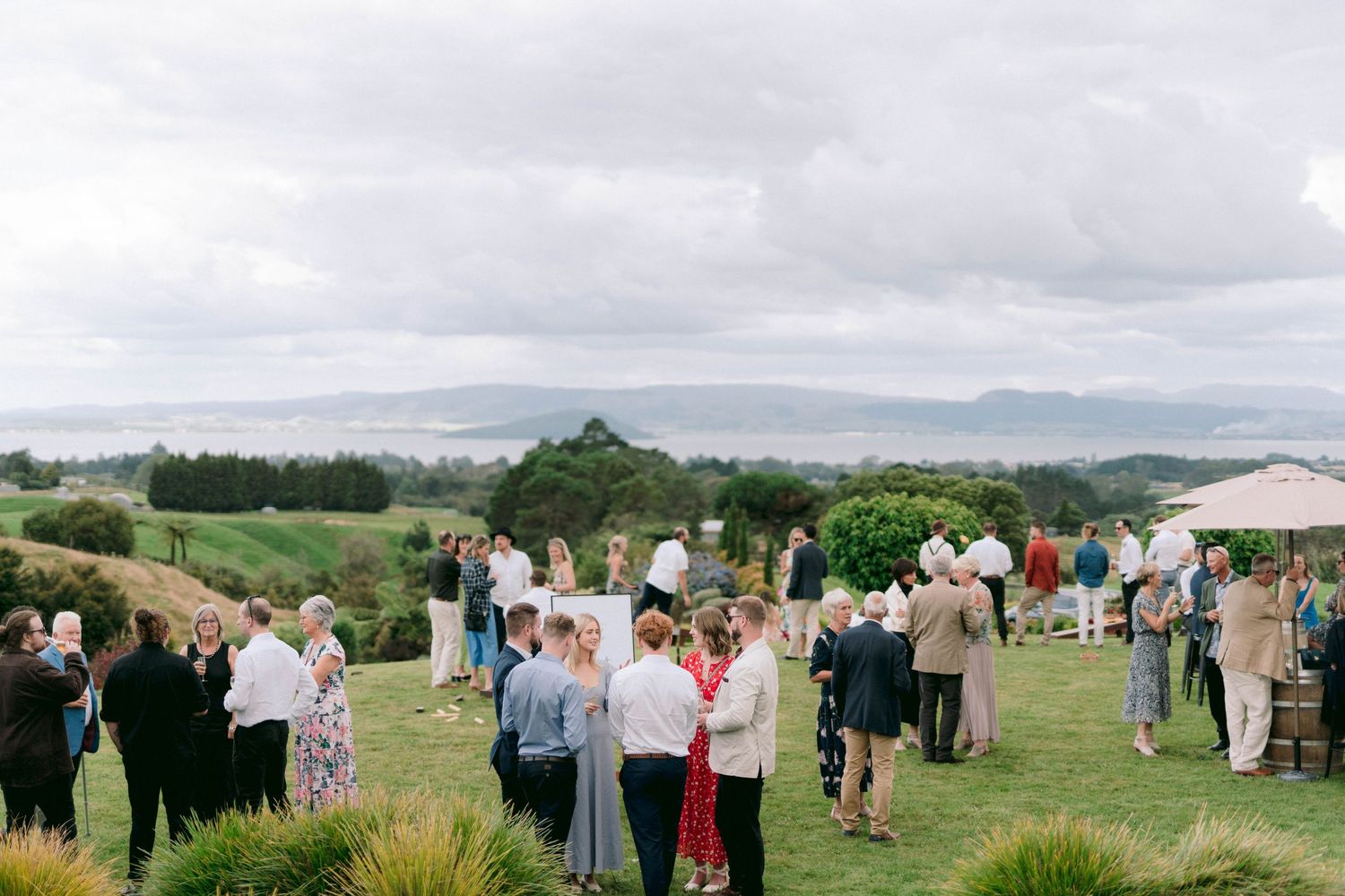Wedding guests mingle on hilltop lawn with sweeping valley views in background.