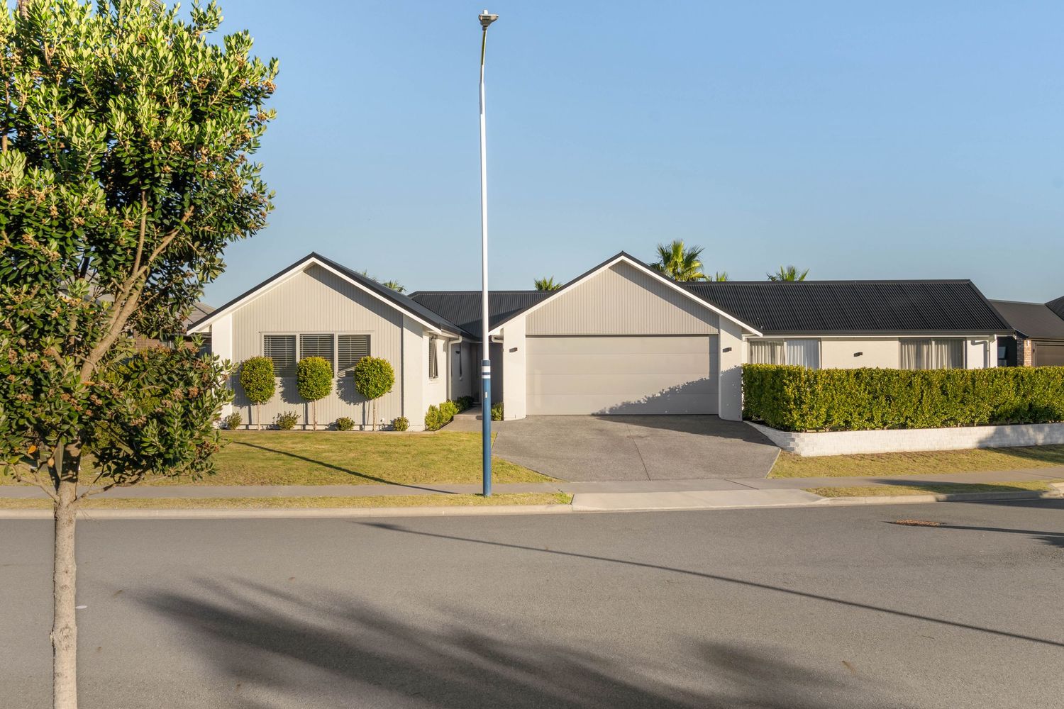 Suburban street view of modern white residential homes with manicured landscaping.