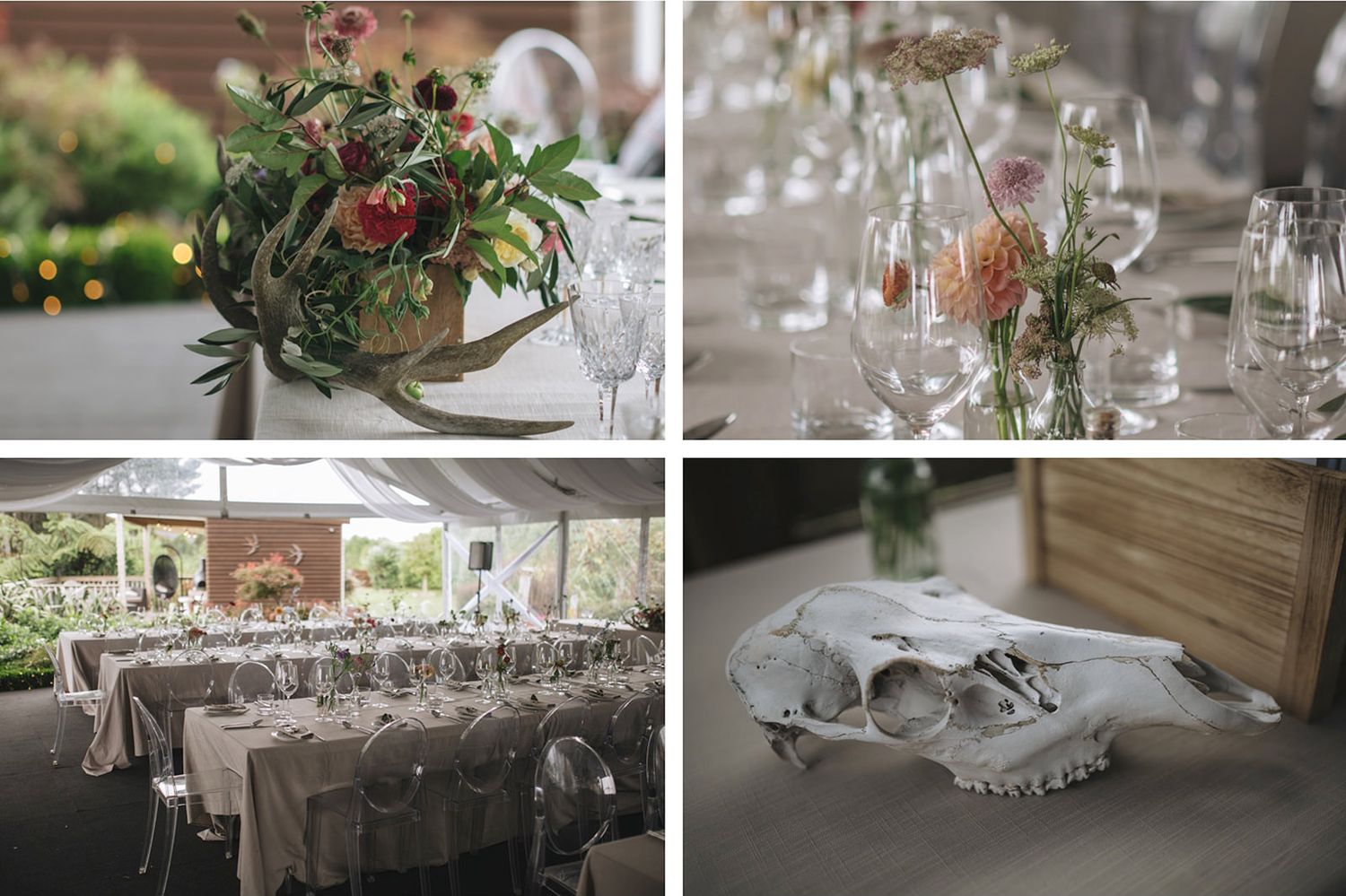 Elegant table settings with glass stemware and fresh floral arrangements for an upscale wedding reception or event.