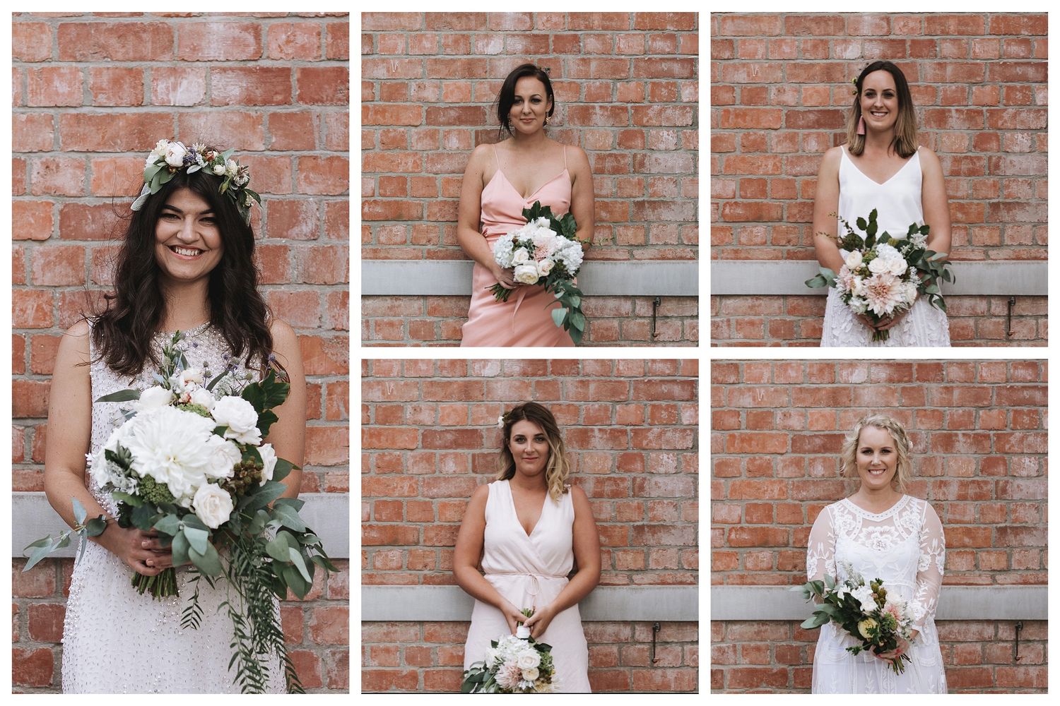 Five bridal portraits against a rustic brick wall showcase elegant dress styles and beautiful wedding bouquets.