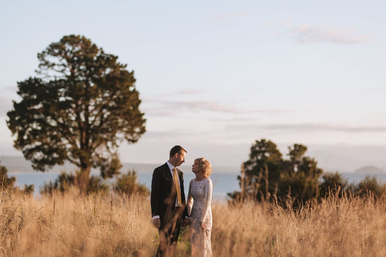 Two people stand together in a golden field at sunset with a tall tree silhouetted against the sky.
