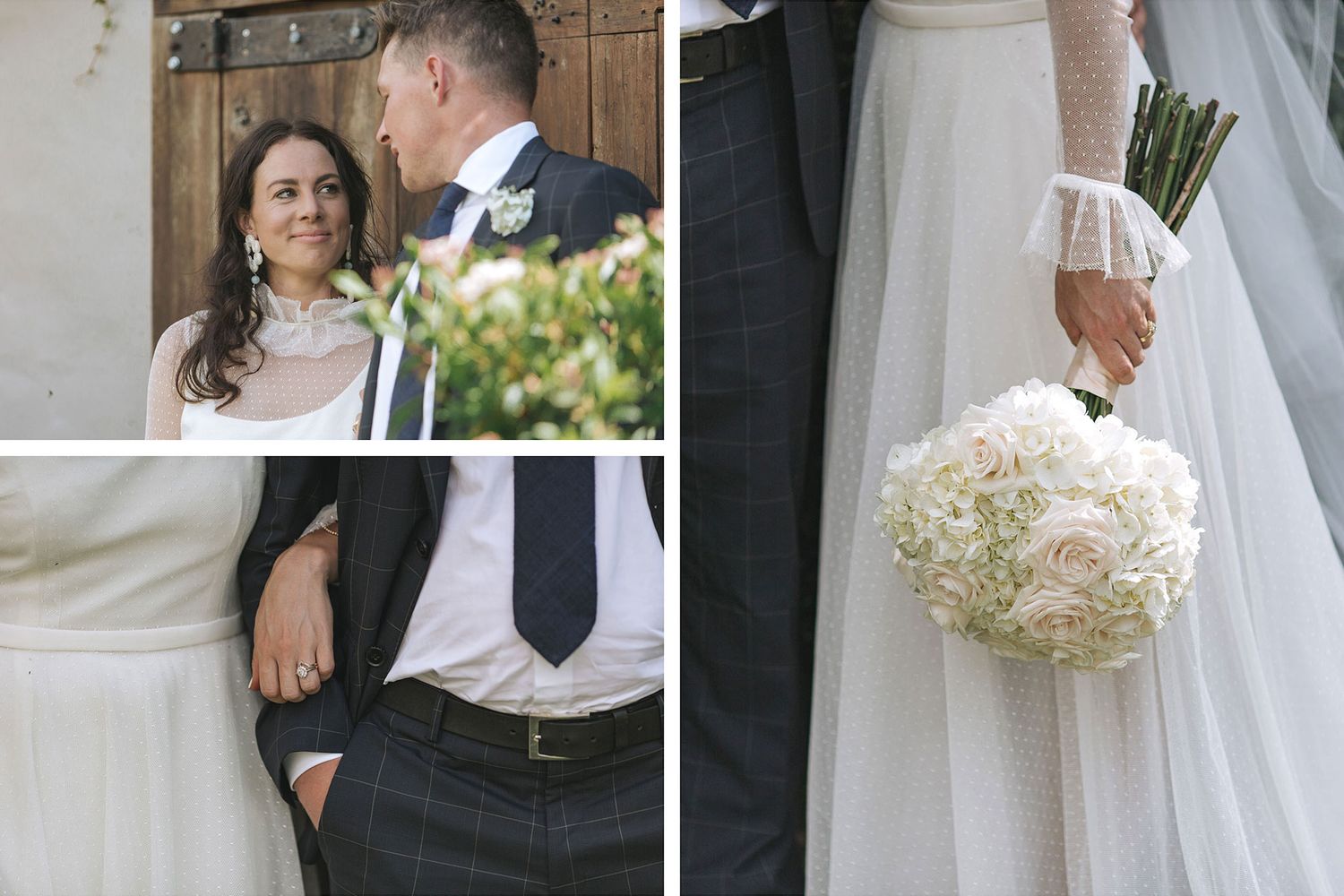 Wedding details collage showing a romantic moment, dress detail, and delicate white floral bouquet at an elegant ceremony.