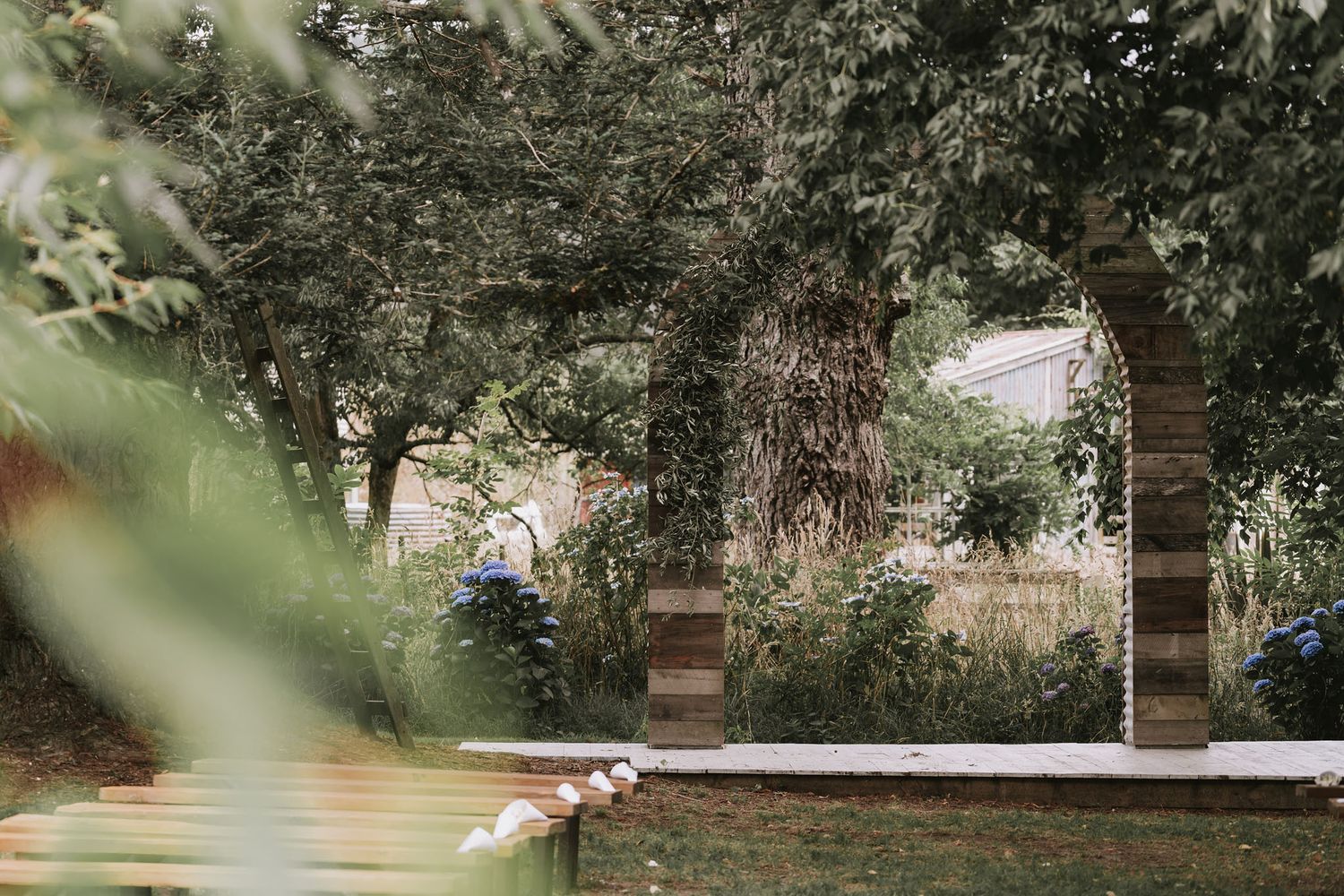 Garden scene with lush foliage surrounding a stone archway and bench in a tranquil outdoor setting.