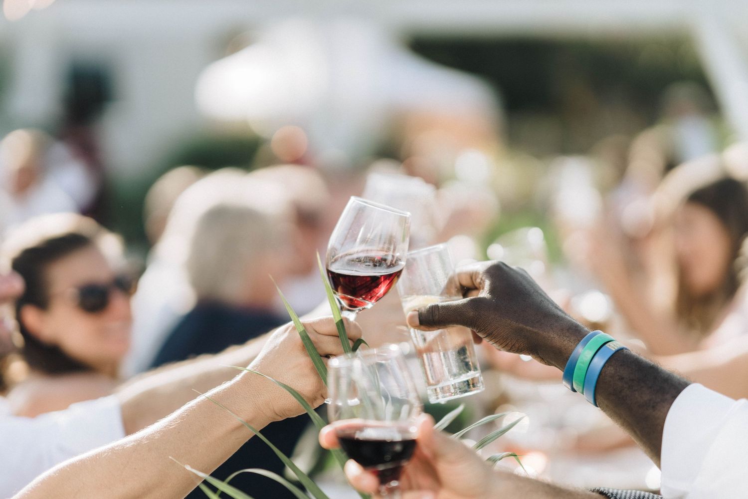 Wedding guests toasting with wine glasses during an outdoor celebration.