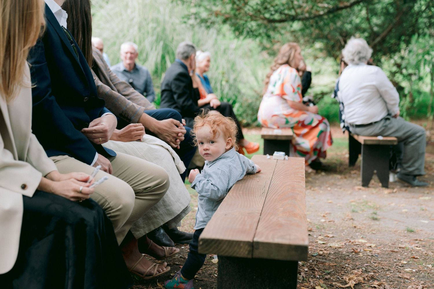 Guests seated at rustic wooden picnic tables under trees during an outdoor forest gathering.