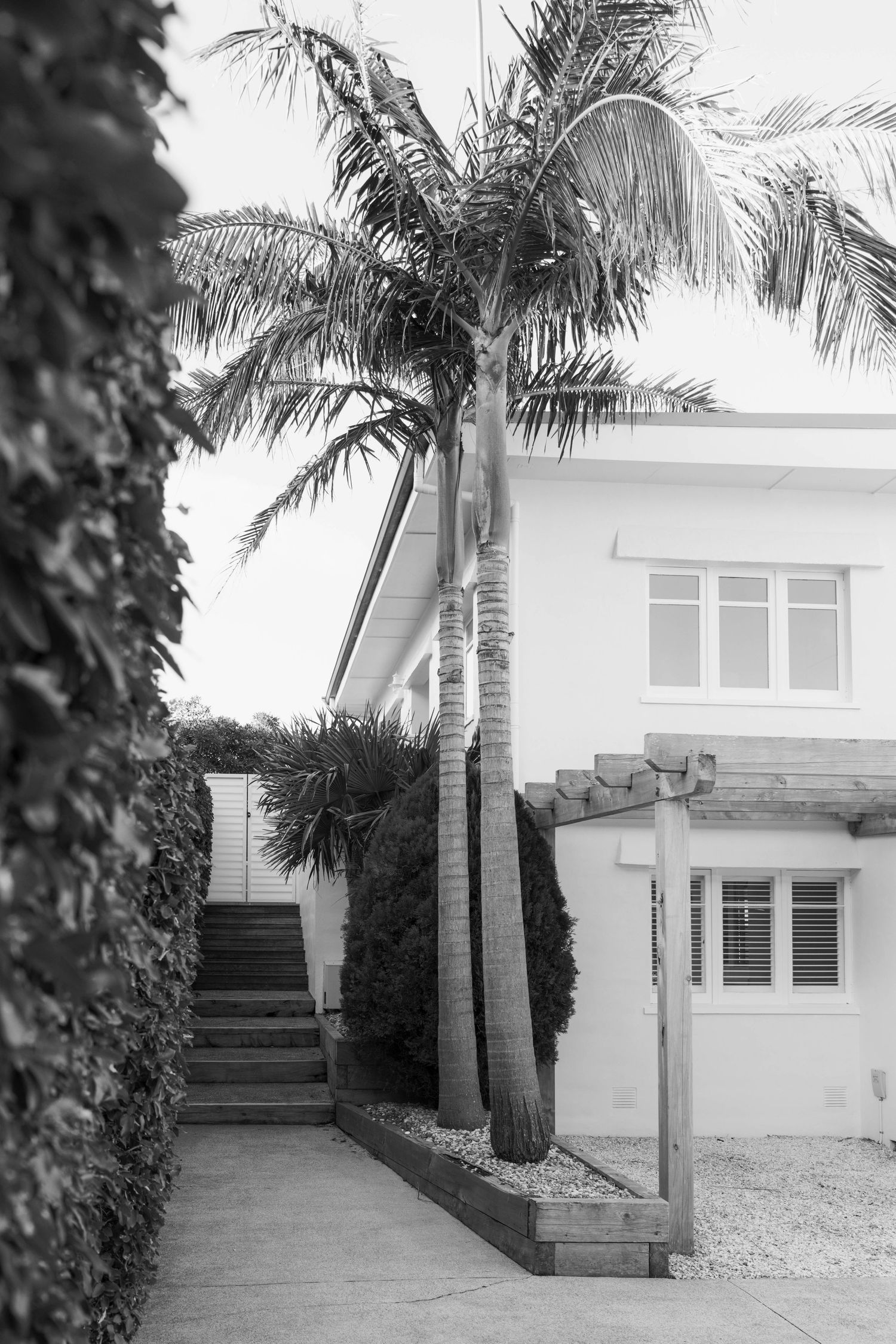 Black and white photo of a tropical beach house with palm tree, wooden pergola, and surfboard leaning against the wall.