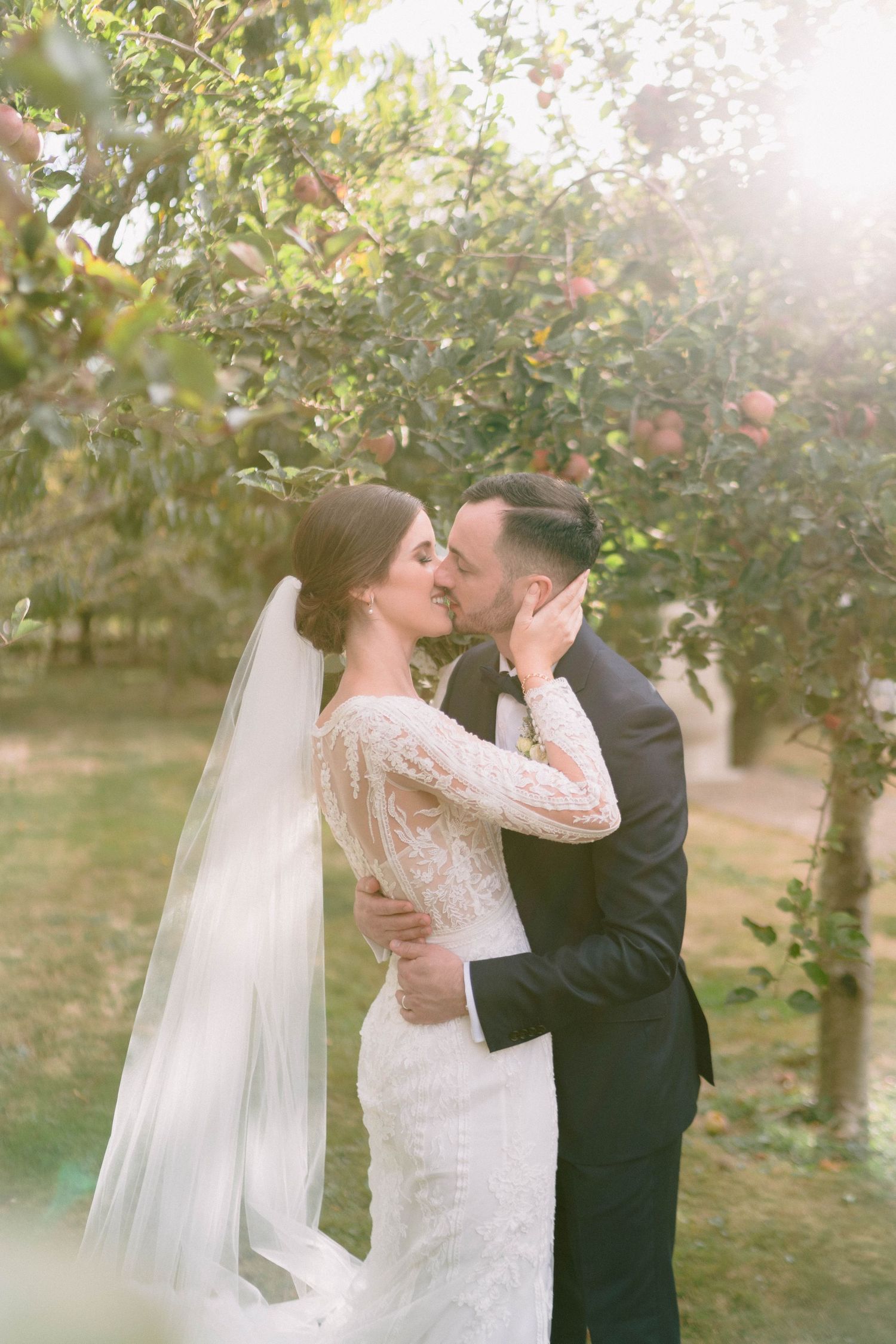 A romantic moment between newlyweds in an apple orchard during golden hour.
