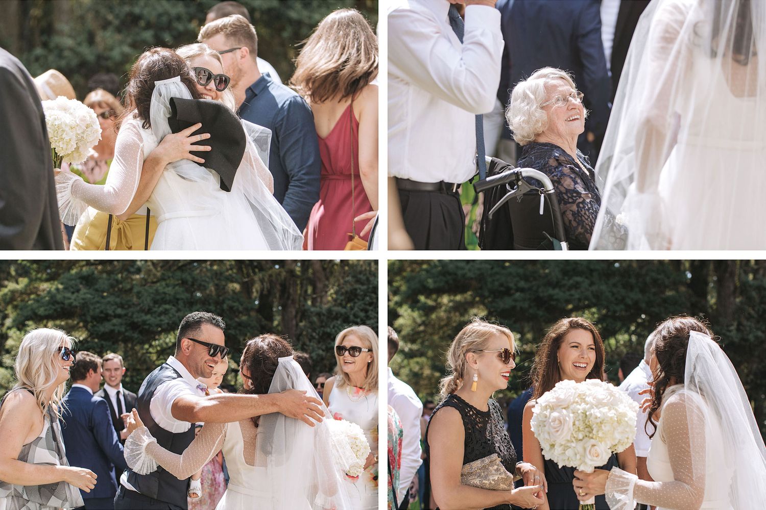 Wedding guests greet and interact with the newlyweds in an outdoor reception line.