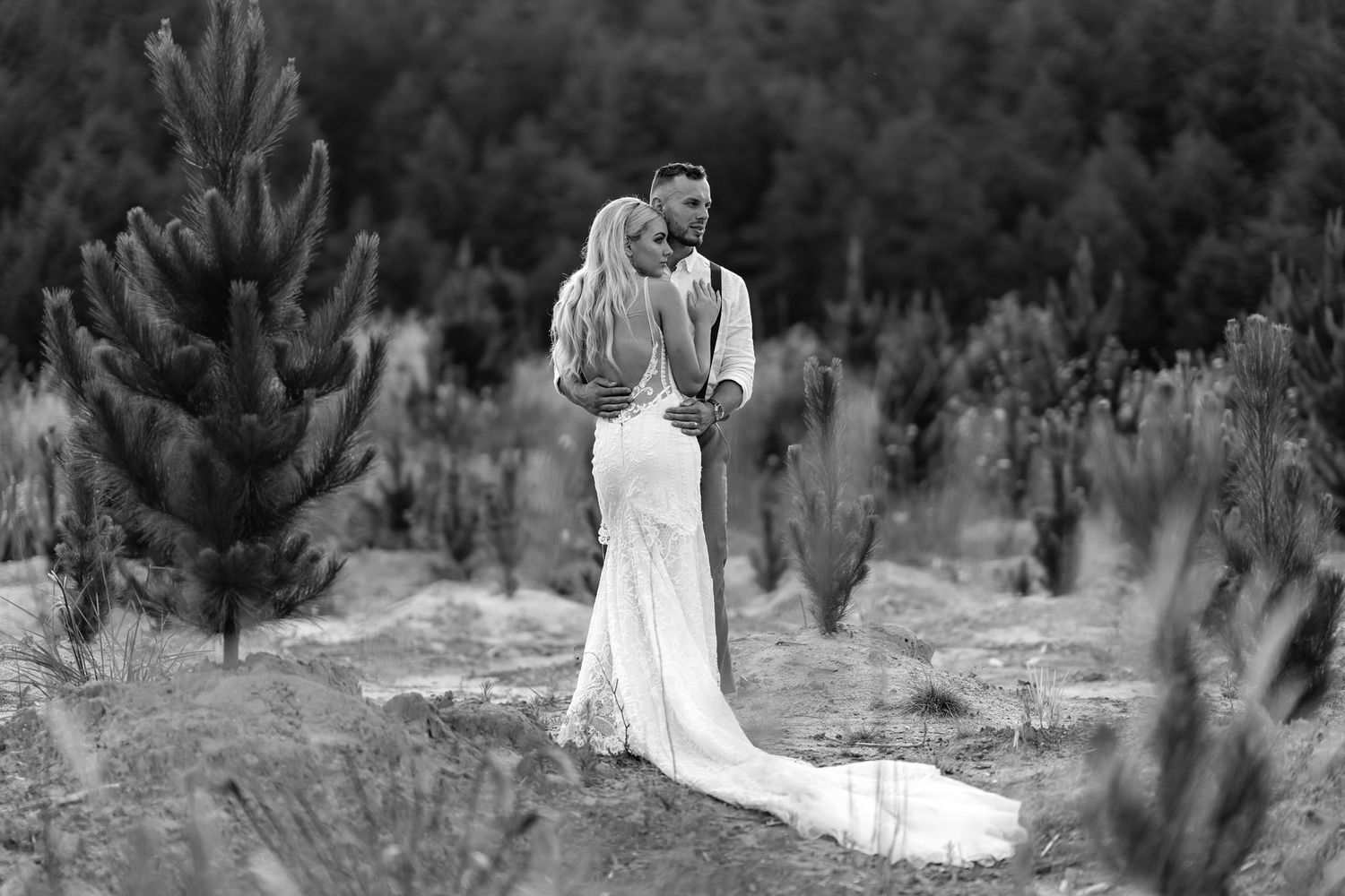 A romantic black and white wedding photo of a couple embracing outdoors among pine trees.