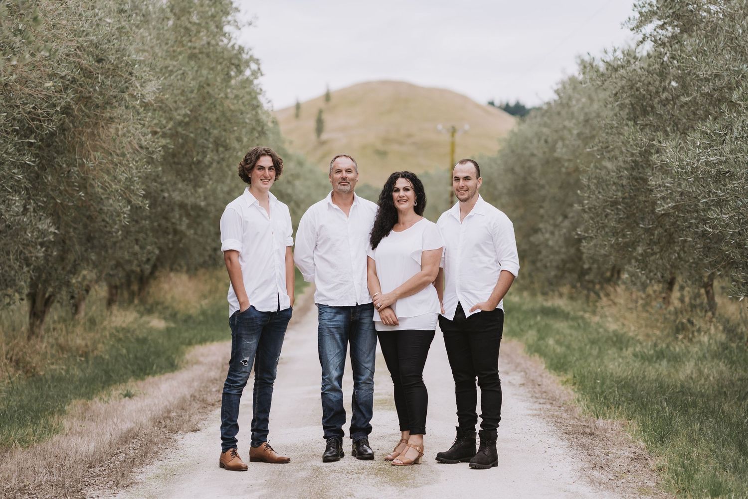 A group stands on a path between olive trees with a golden hill in the background.