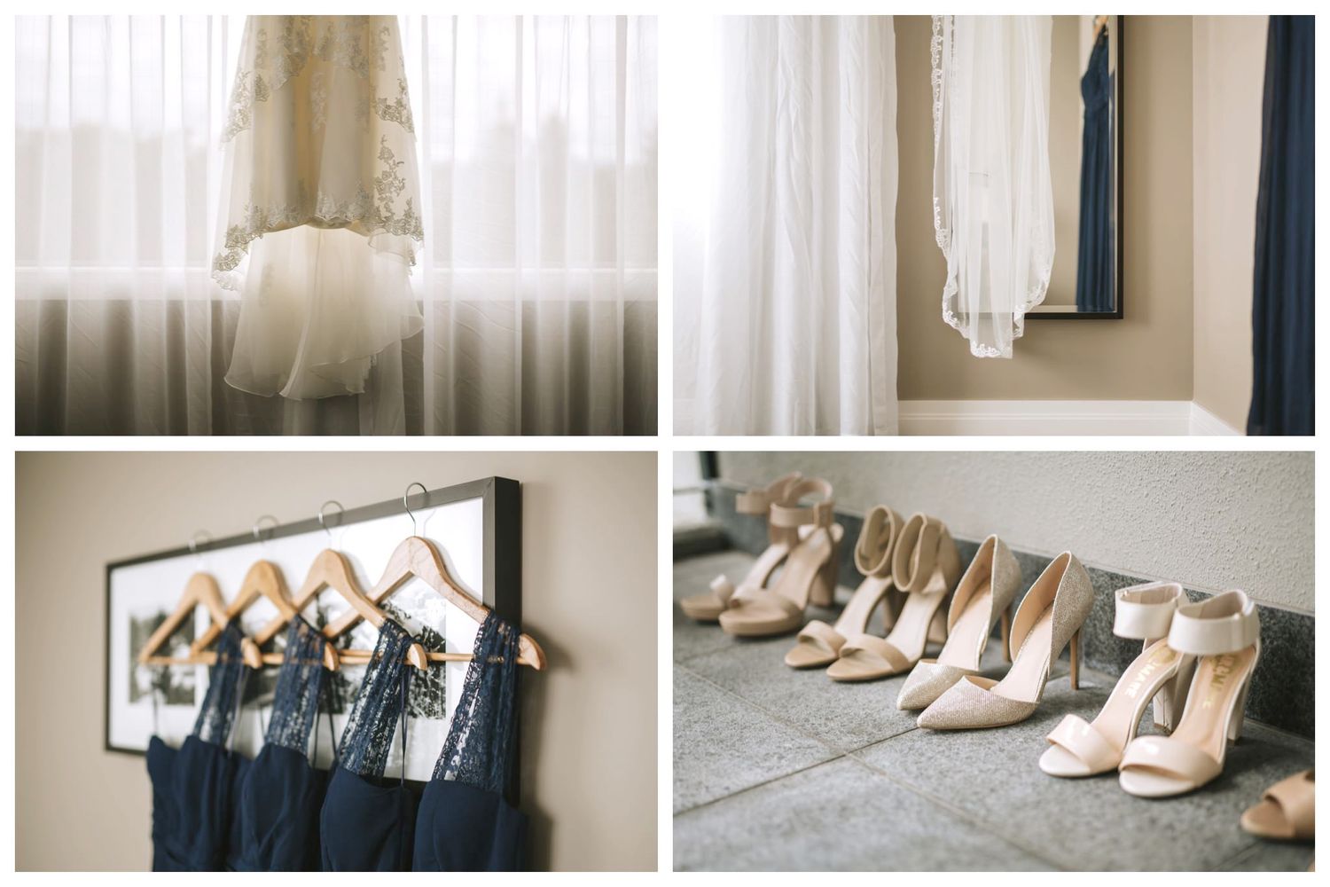 A collection of neutral-toned bridal shoes and accessories arranged in a series of lifestyle and product photos.