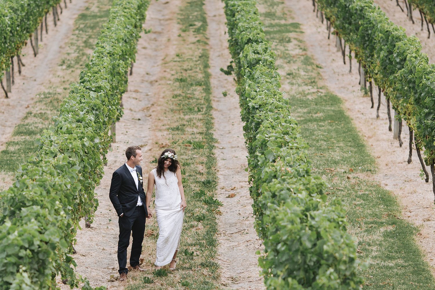 Two people walk through rows of grape vines at a vineyard during a sunny afternoon.