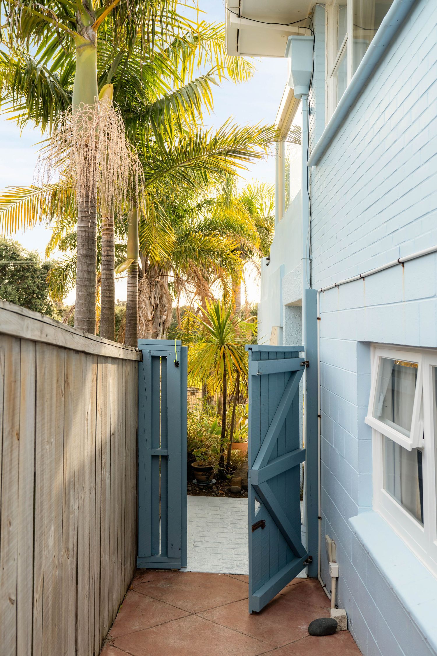 Light blue coastal house exterior with navy shutters and palm trees in the side yard.