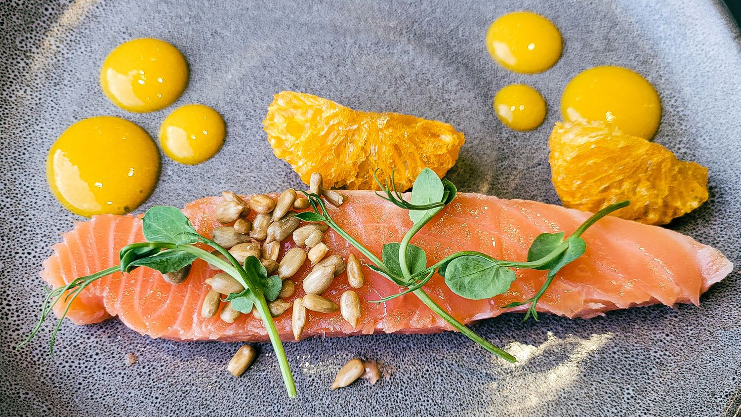 Close up photography of an entree featuring salmon and dried fruit accompanying it