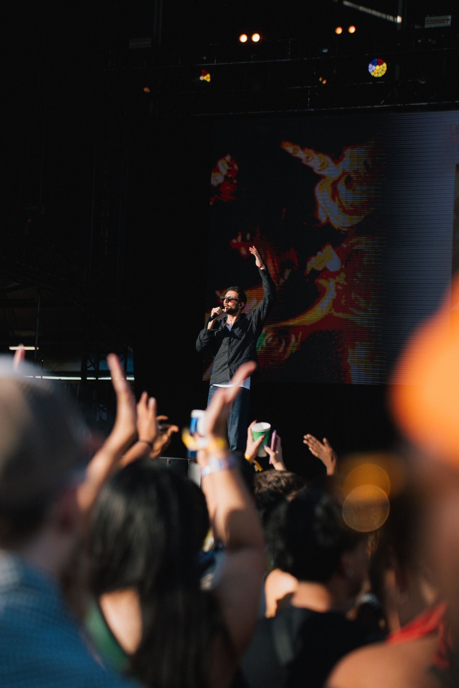 Concert performer on stage with raised arm singing to an energetic crowd of silhouetted fans in a dark venue.