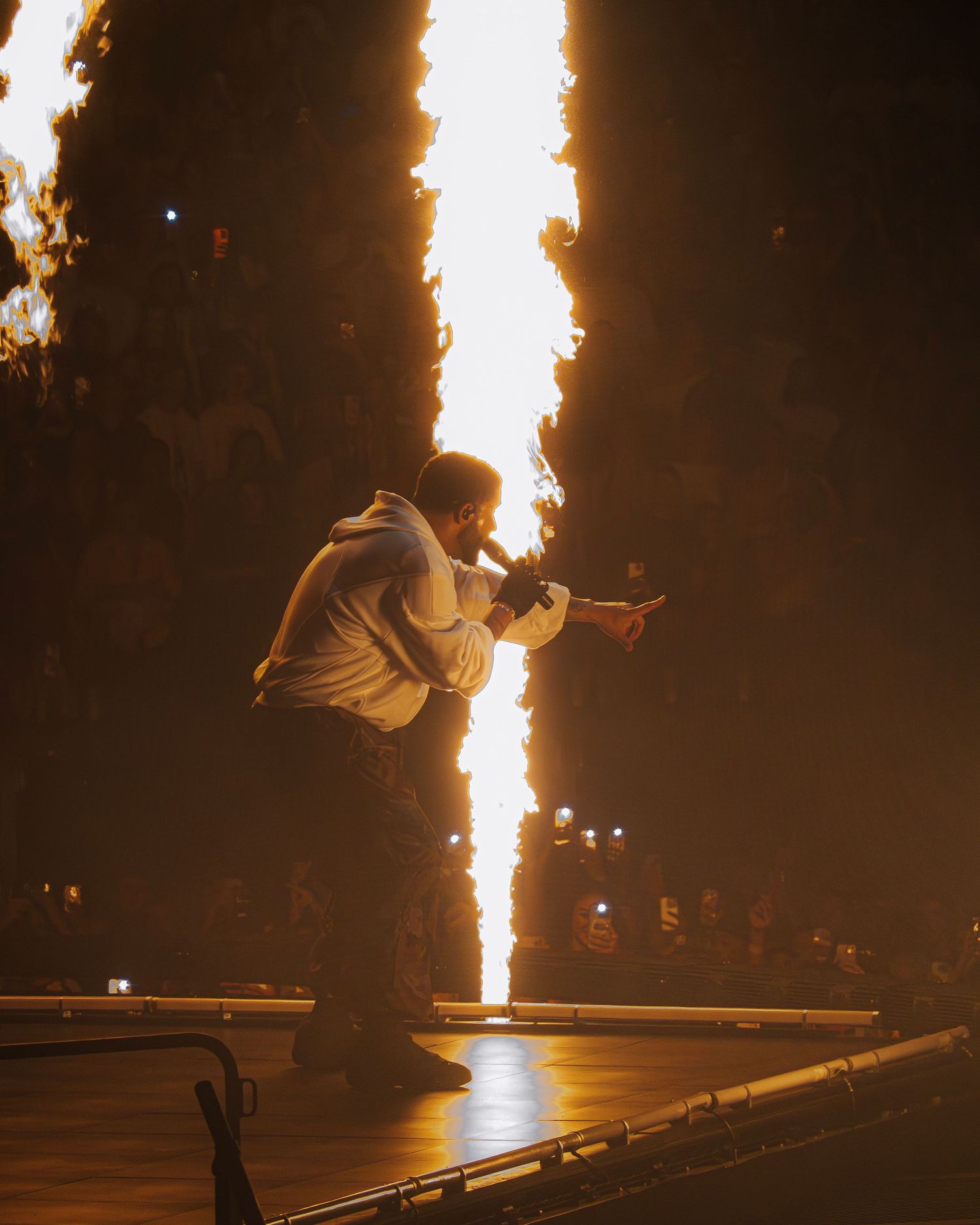 A performer stands on stage silhouetted against dramatic vertical flames during a nighttime performance show.