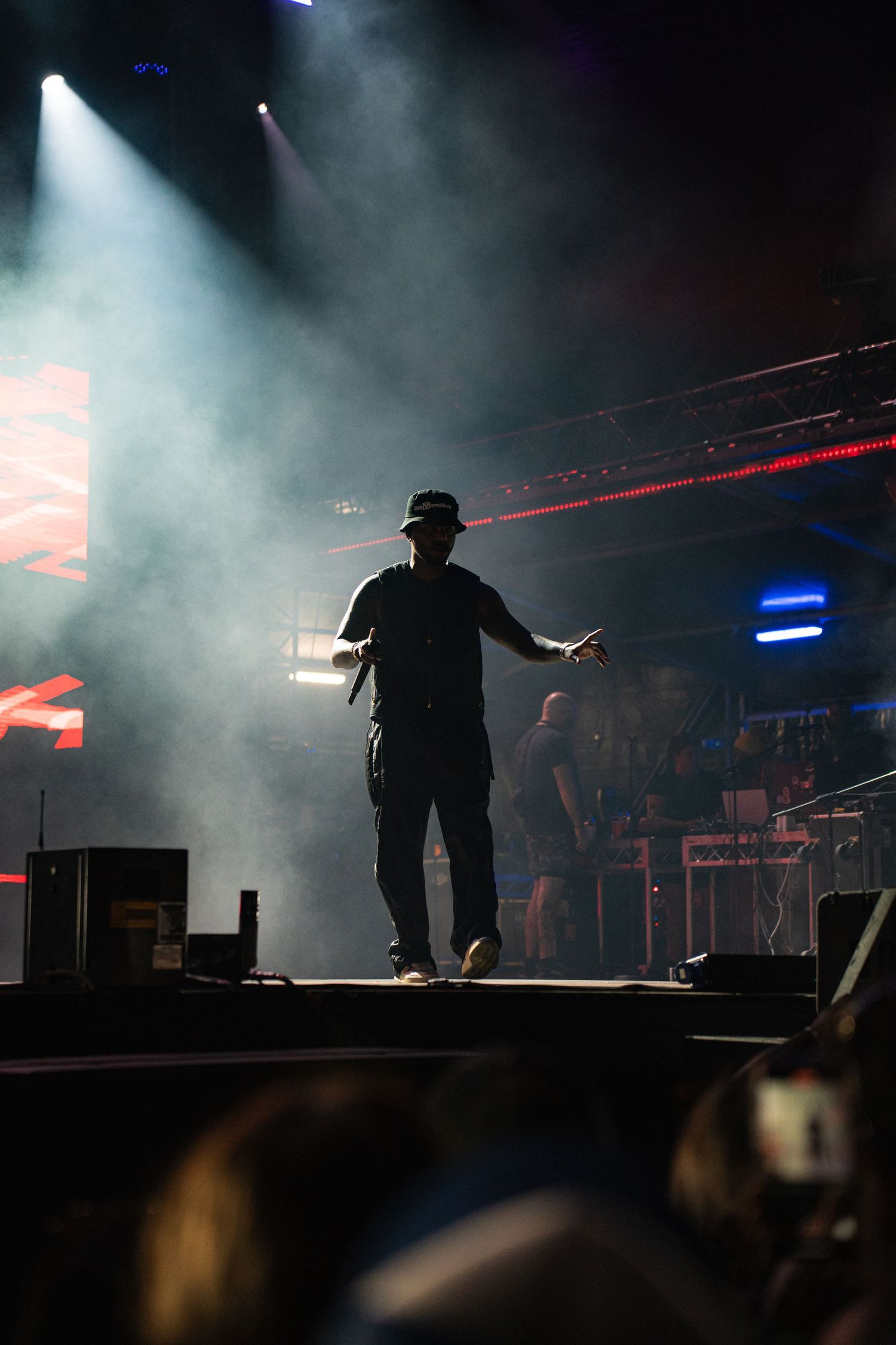 Silhouetted performer stands on stage in atmospheric fog with dramatic lighting and red laser beams during concert performance.