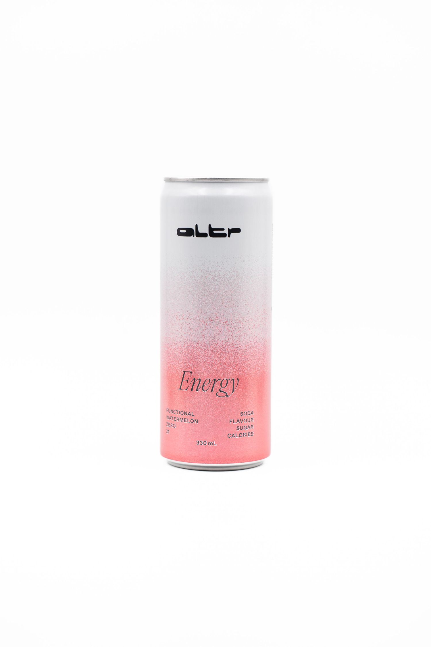 Minimalist white and pink energy drink can with Alter branding against white background.