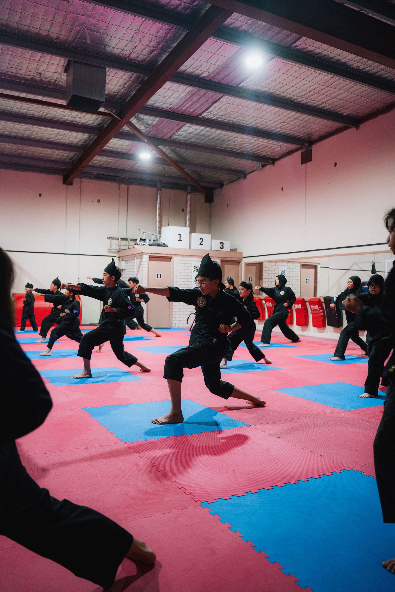 Martial arts class practicing synchronized moves on red and blue mats in indoor facility.