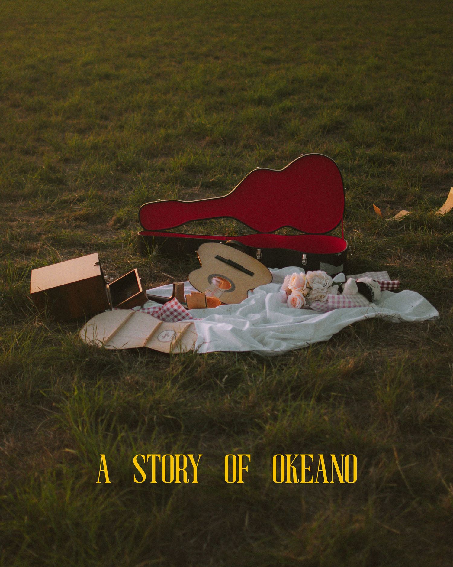 A red guitar case and various items laid out on a white blanket in a grassy field with text saying 'A Story of Okeano'.