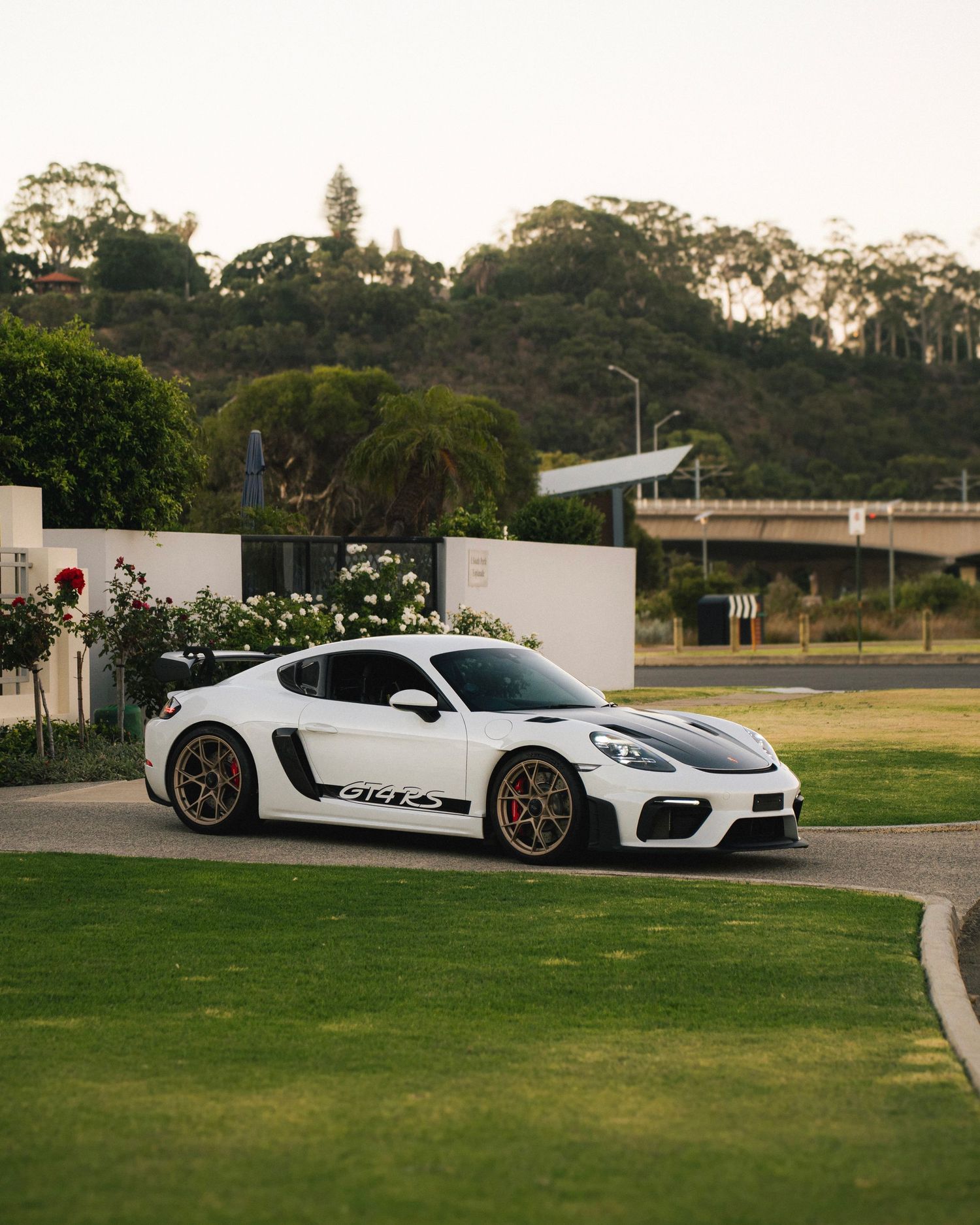 White Porsche Cayman GT4 parked on manicured grass lawn with trees in background.