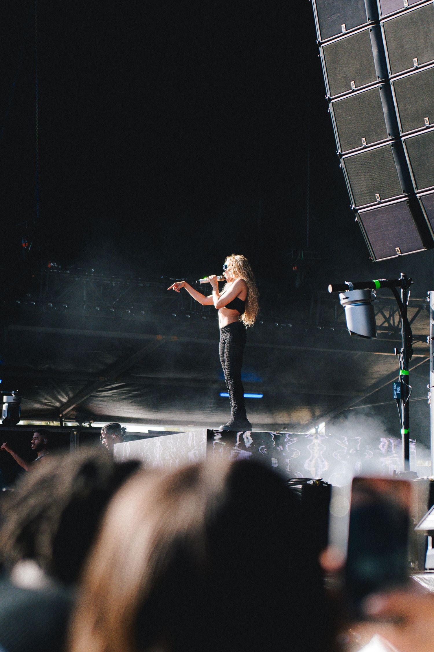 A performer stands on stage during a concert, silhouetted against bright lights and fog with sound equipment visible.