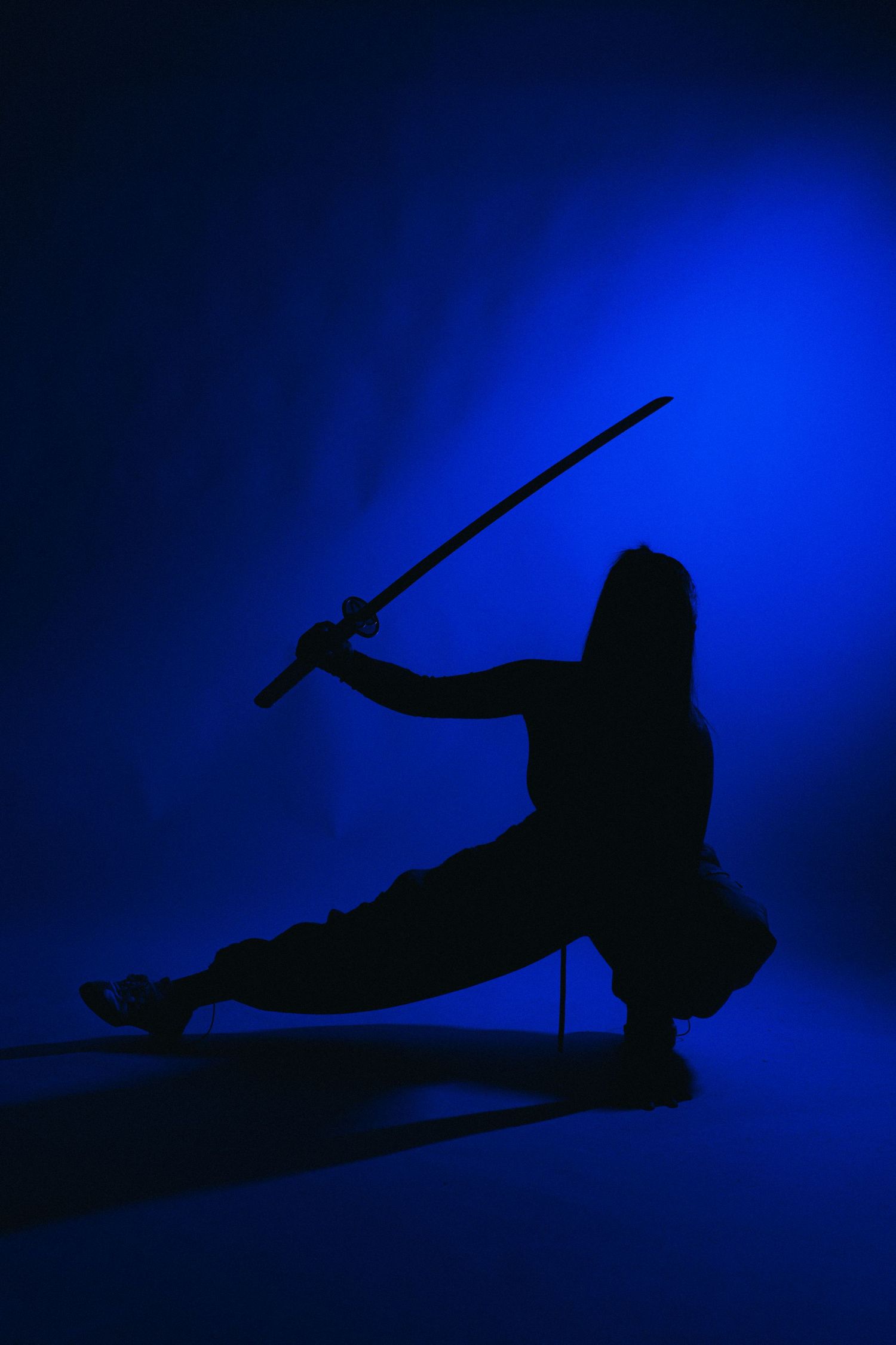 Silhouette of a martial artist performing a sword kata against a vibrant blue background.