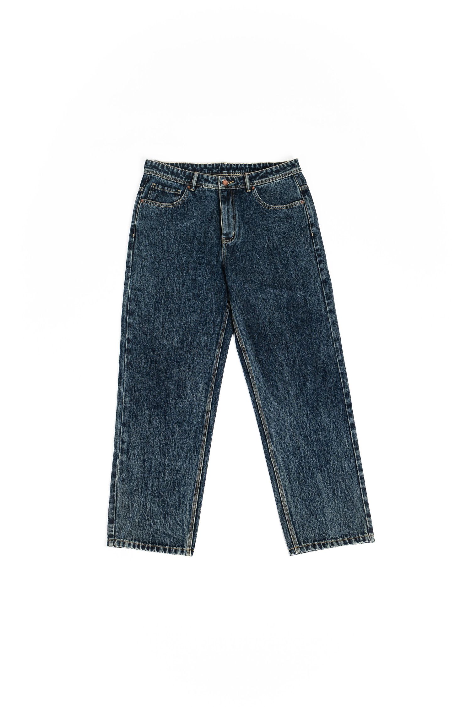Classic straight leg medium wash denim jeans laid flat against white background.