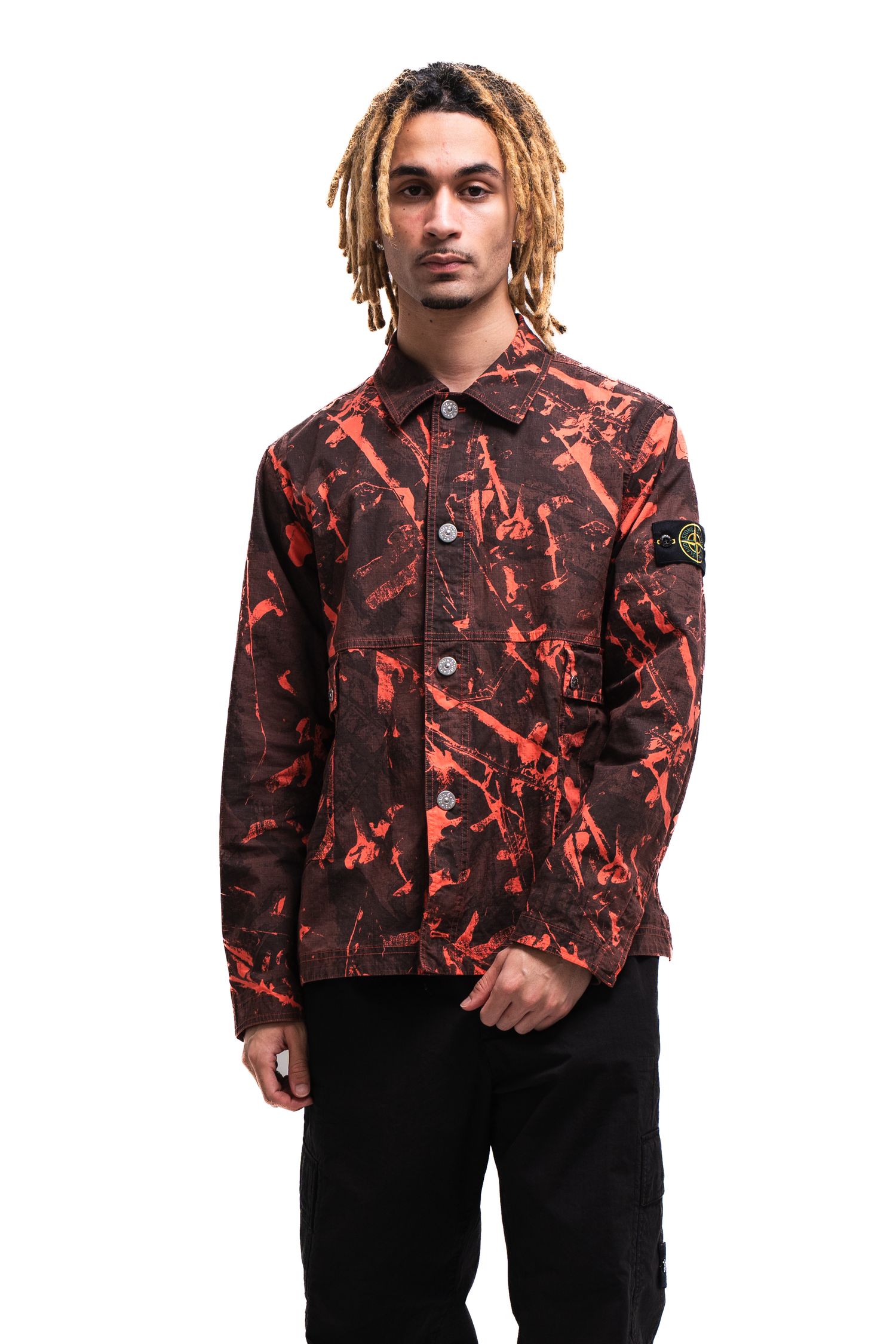 Stylish red and black patterned jacket with cargo pockets and collar design.