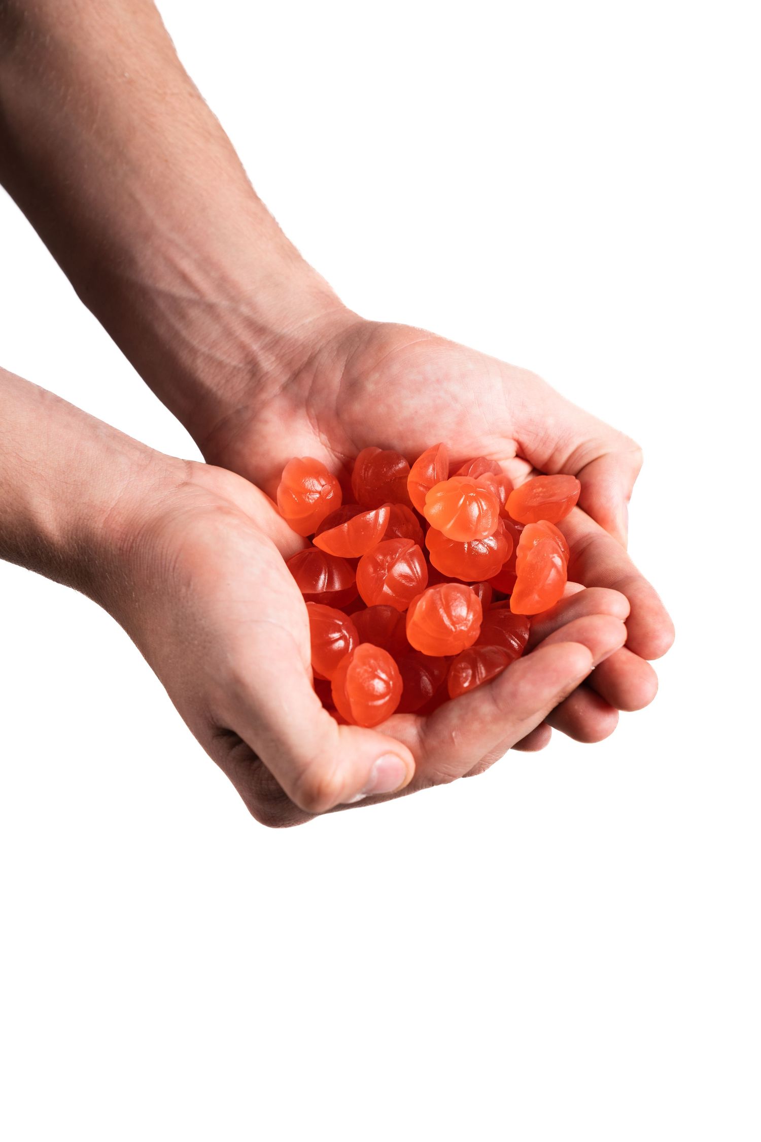 Hands holding a handful of bright red cherry tomatoes against a white background.