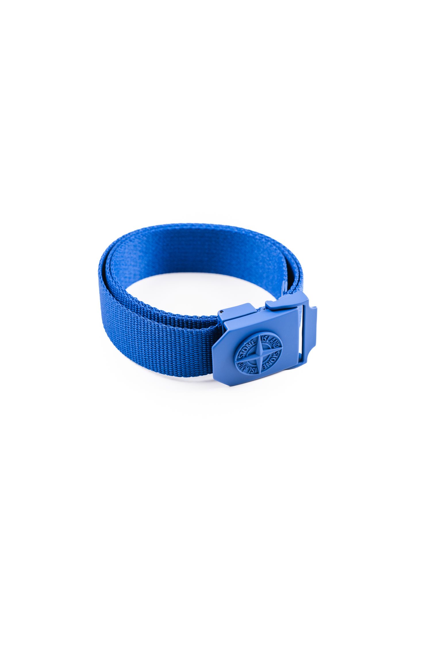 Bright blue nylon belt with plastic buckle closure.