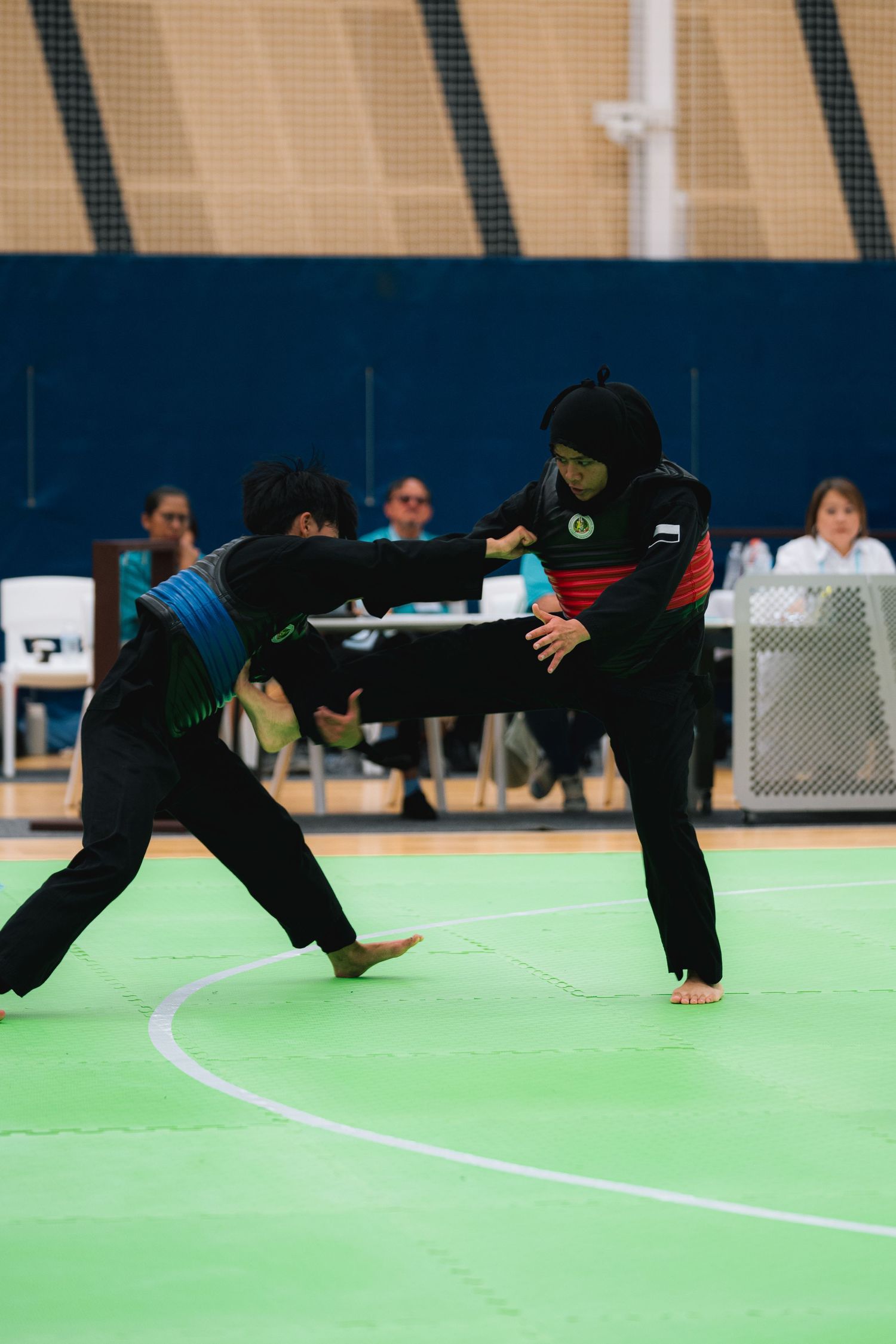 Martial arts competitors engage in combat on a green mat with judges watching.
