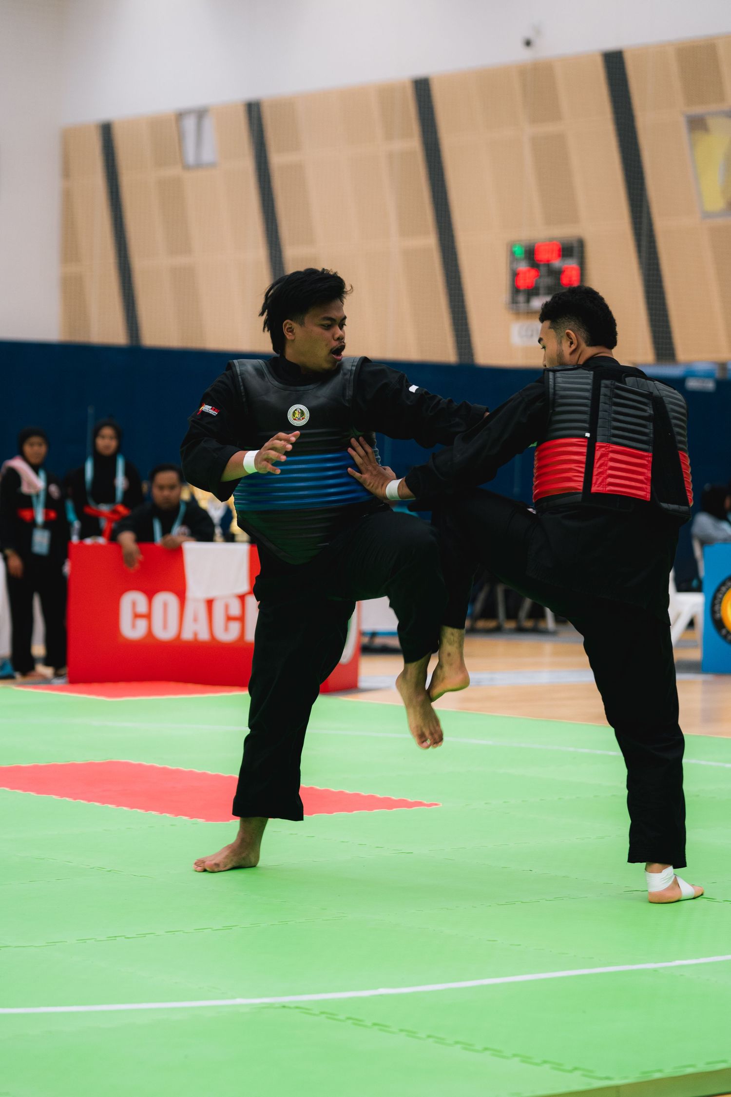 Two martial artists practicing kicks and strikes on a green competition floor.