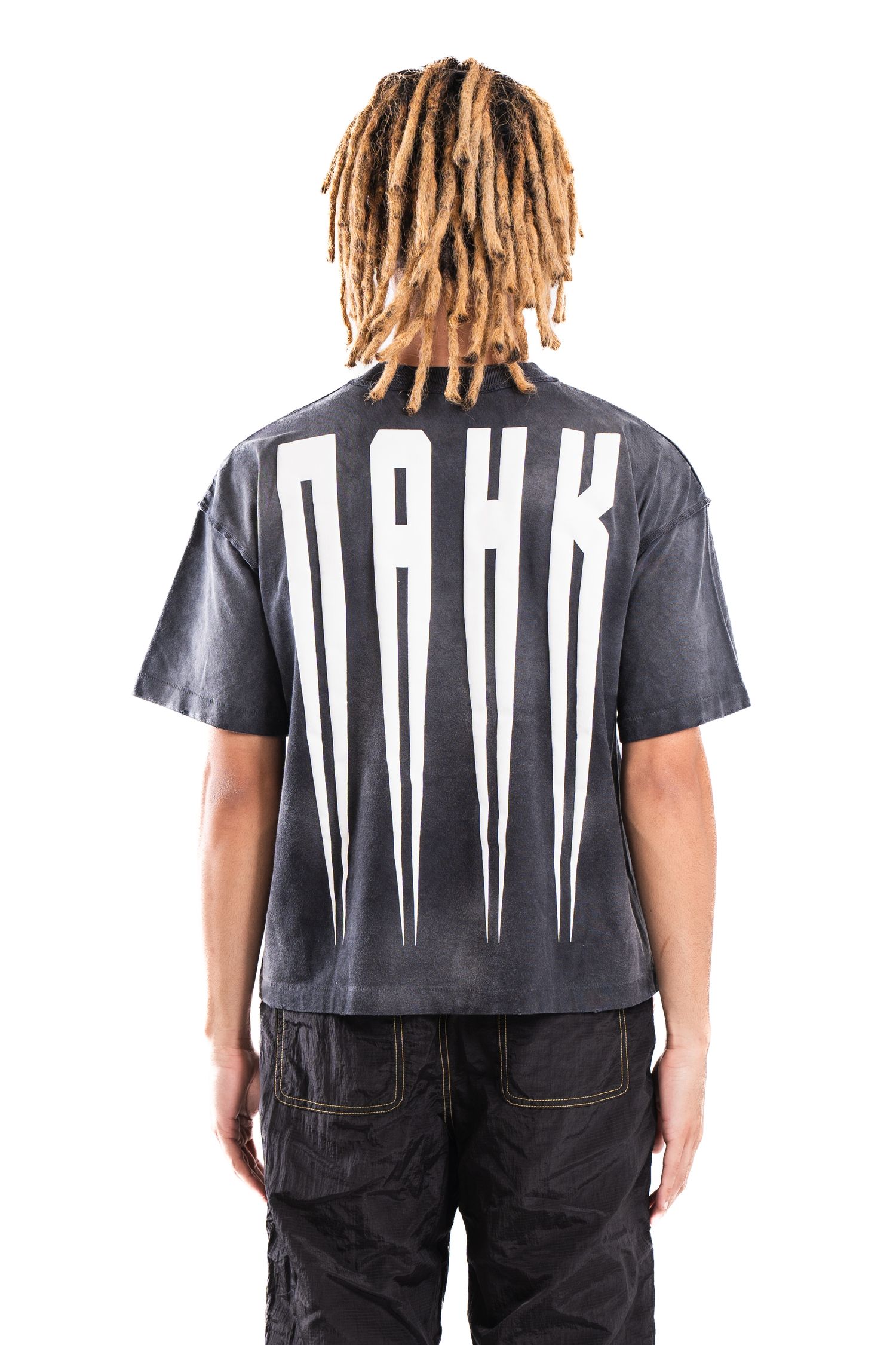 Dark grey t-shirt with white DARK text graphic on back.