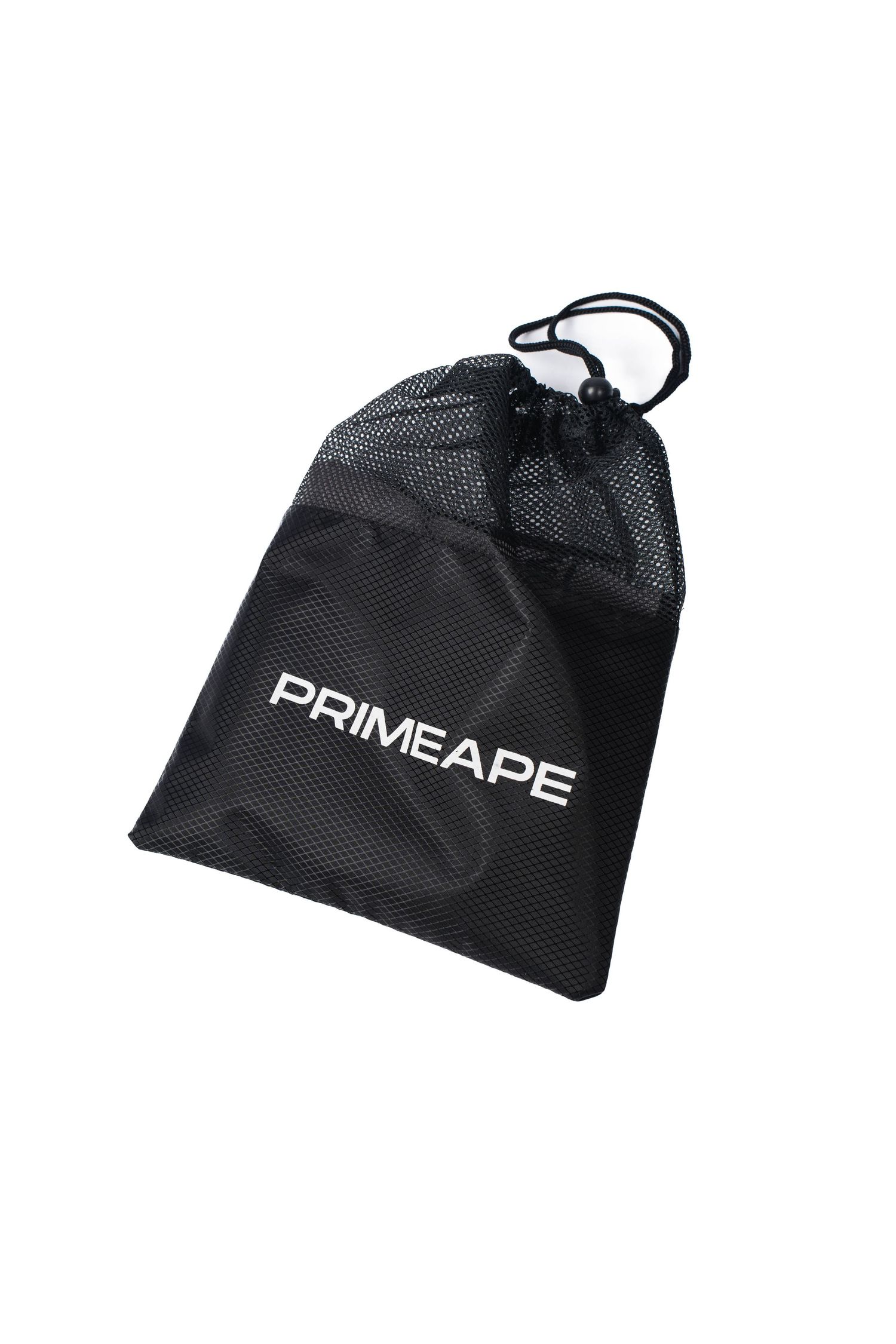 A black mesh drawstring storage bag with PRIMEAPE text branding in white against dark fabric.