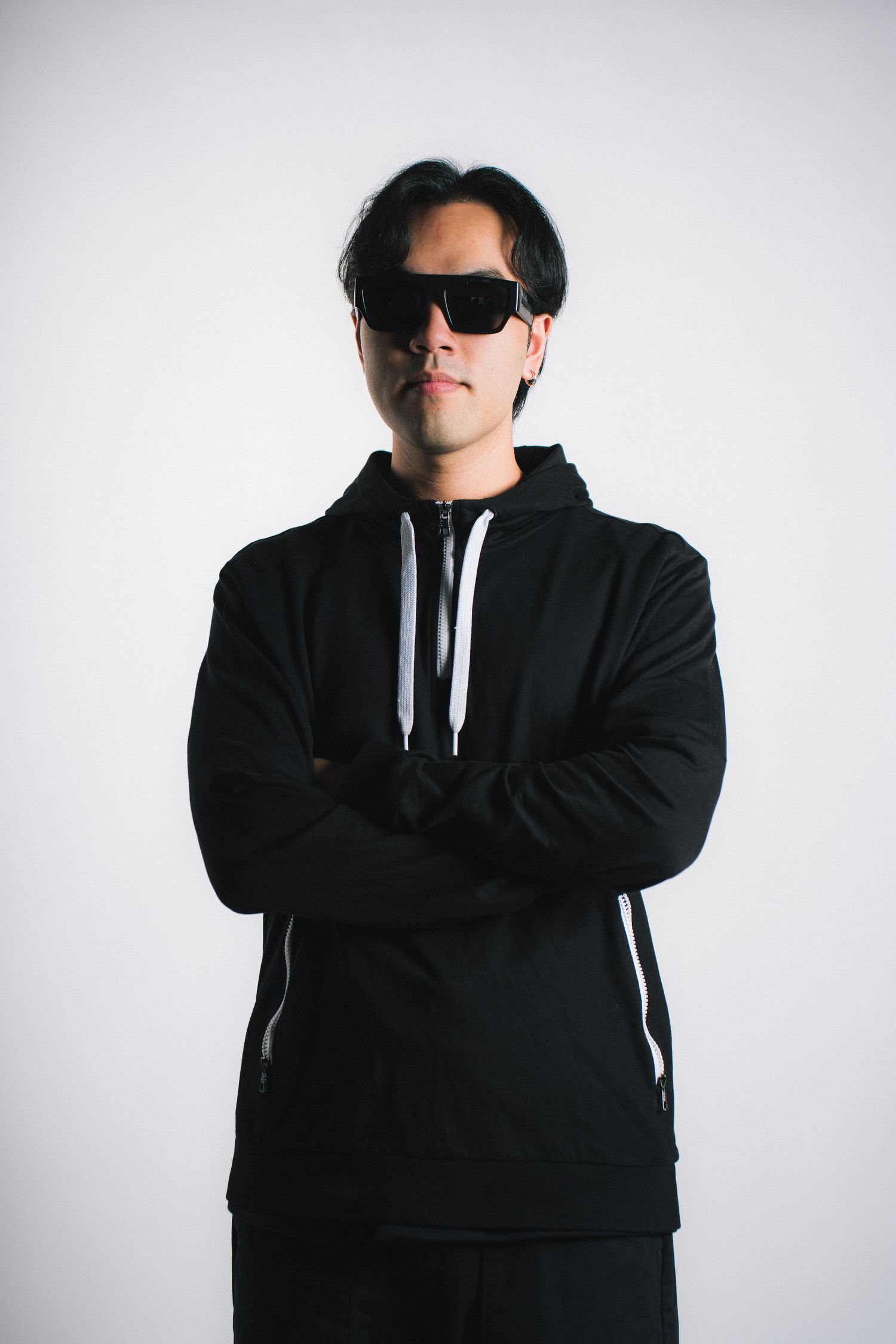 Person in black hoodie and sunglasses poses with arms crossed against white background.