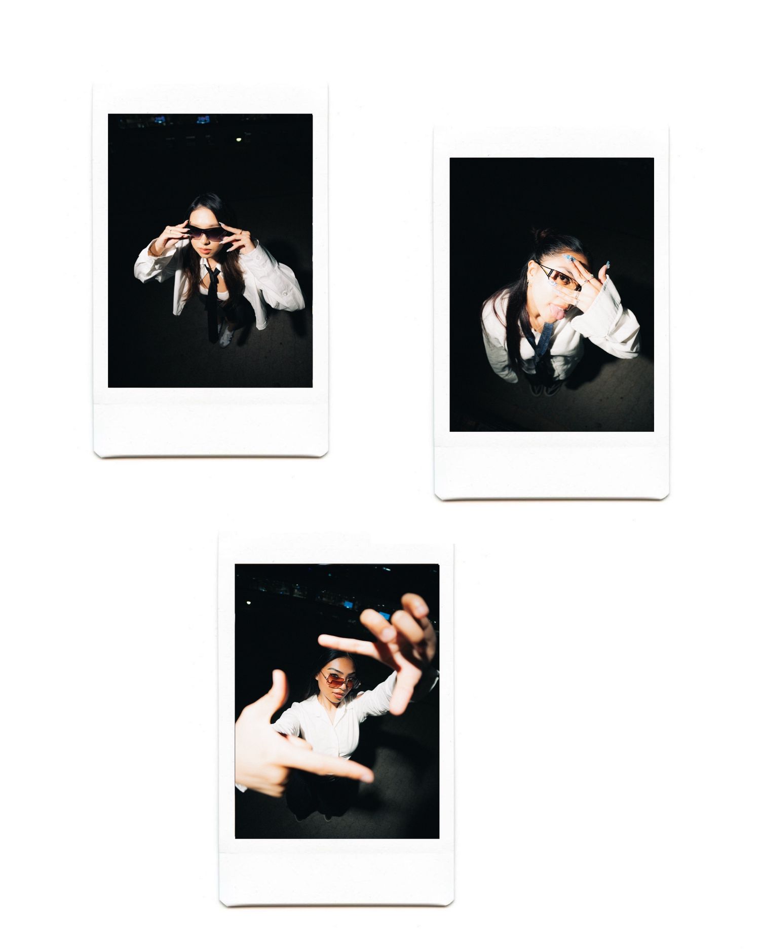 Three artistic polaroid photos showing dynamic poses in black and white style.