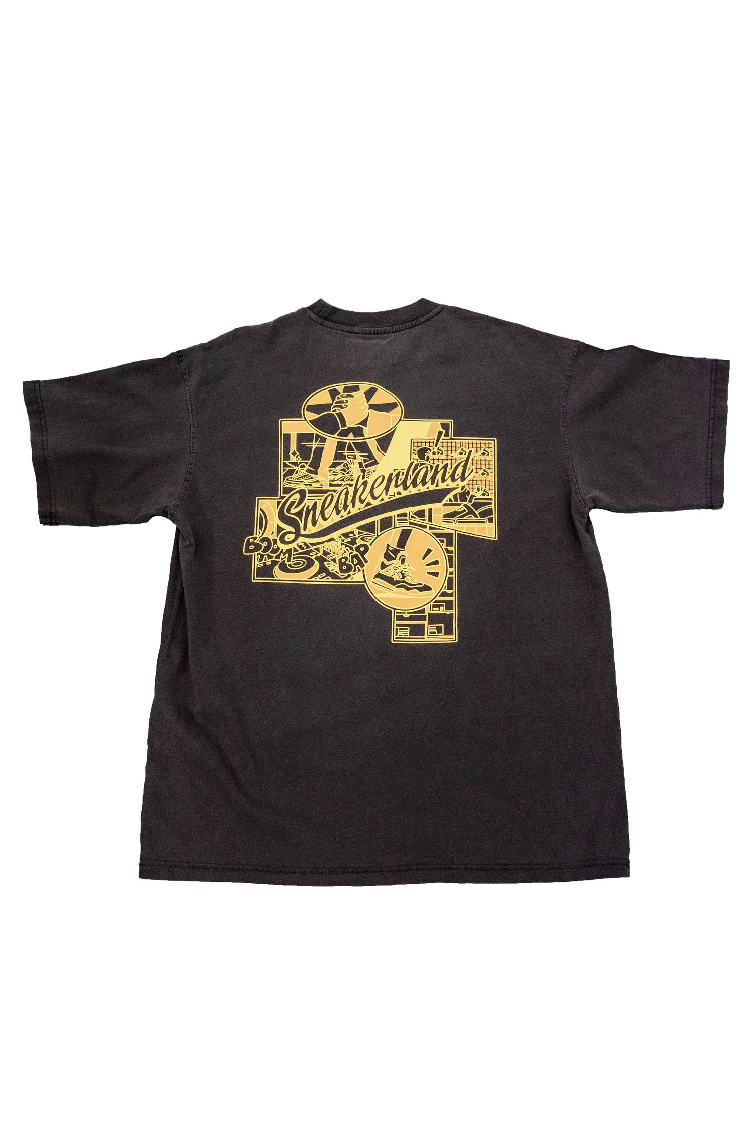 Black t-shirt with vintage-style gold skateboarding graphic design on back featuring text and skater imagery.