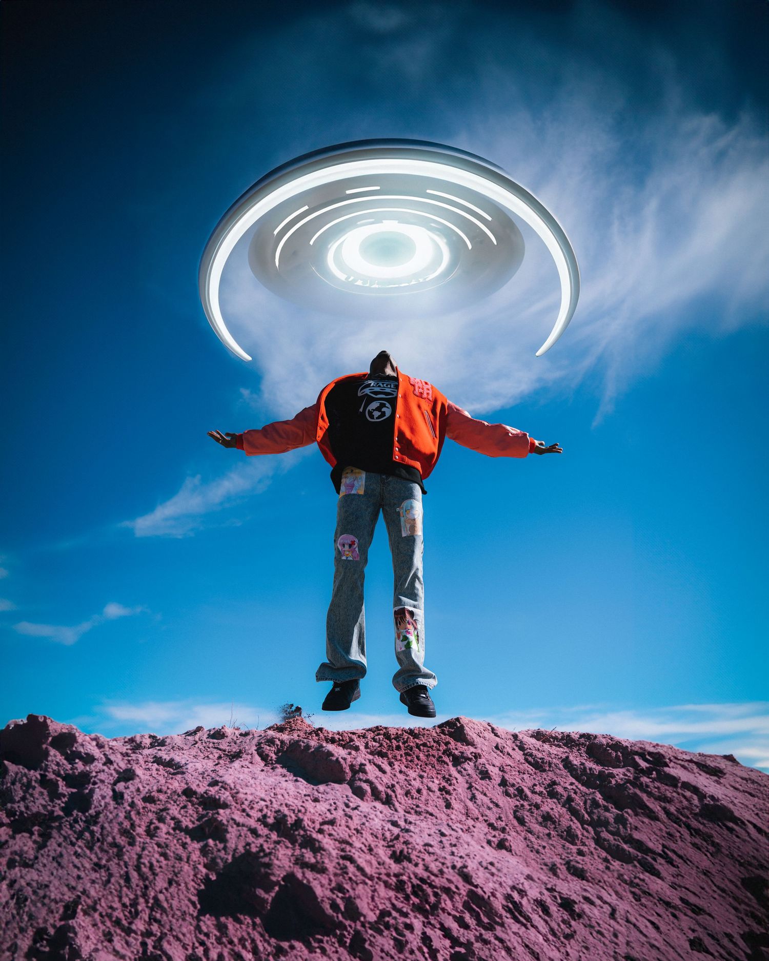 Surreal image of person levitating on pink terrain under glowing circular light in blue sky.