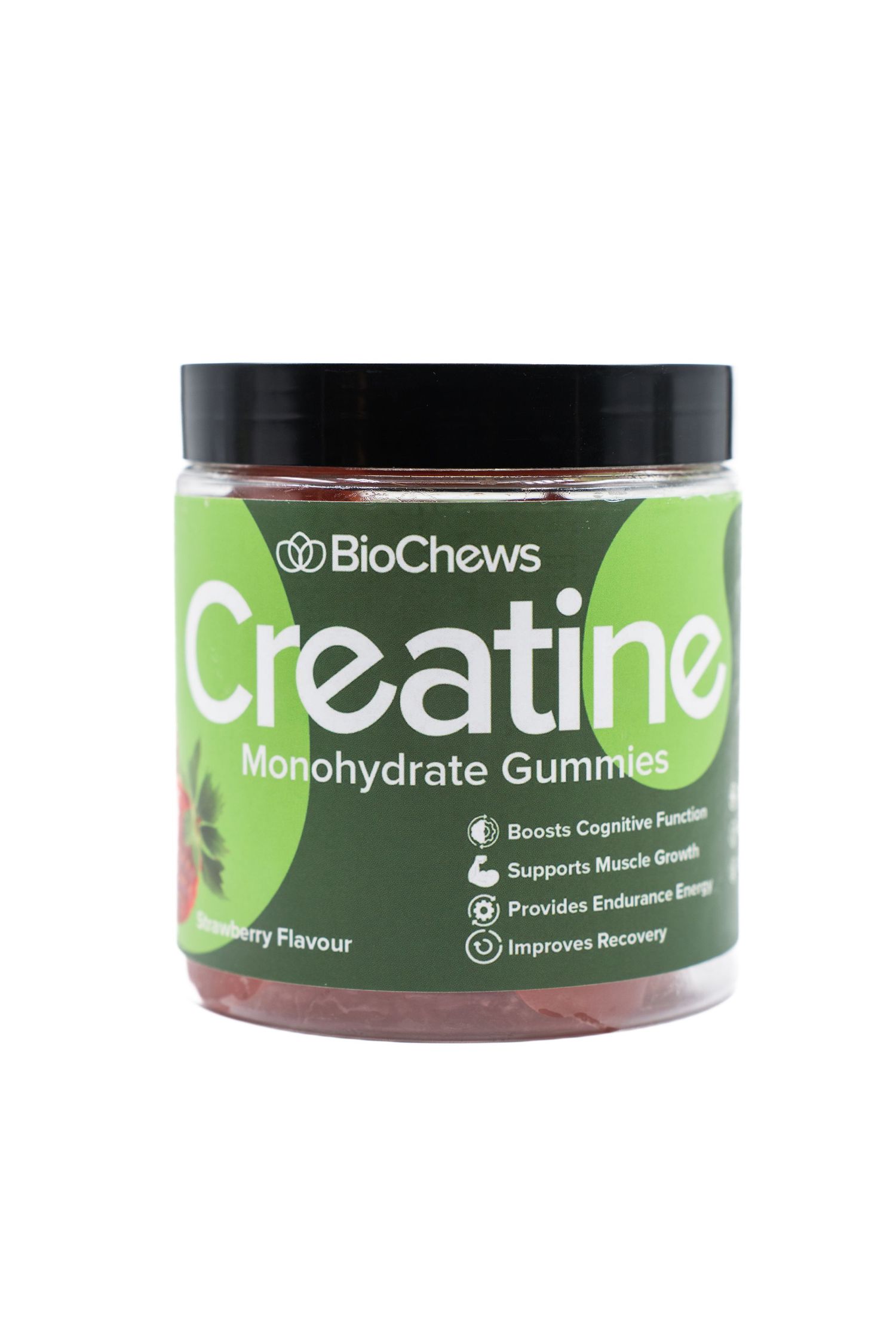 Green container of BioChews Creatine Monohydrate gummy supplements with black lid and cherry flavor.