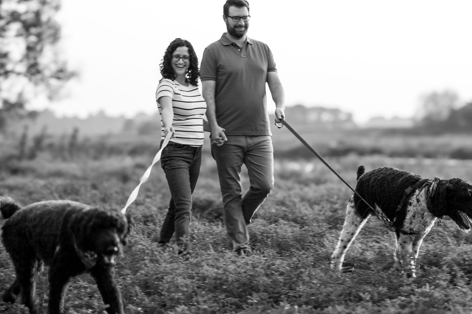 A couple walks their black dog together through a grassy field.