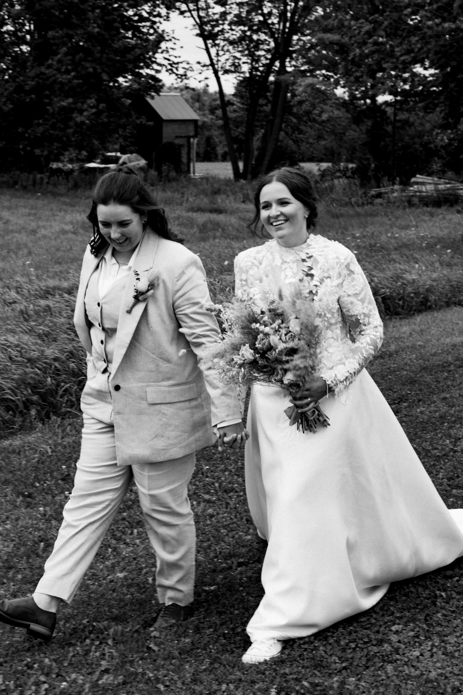brides in flower fields