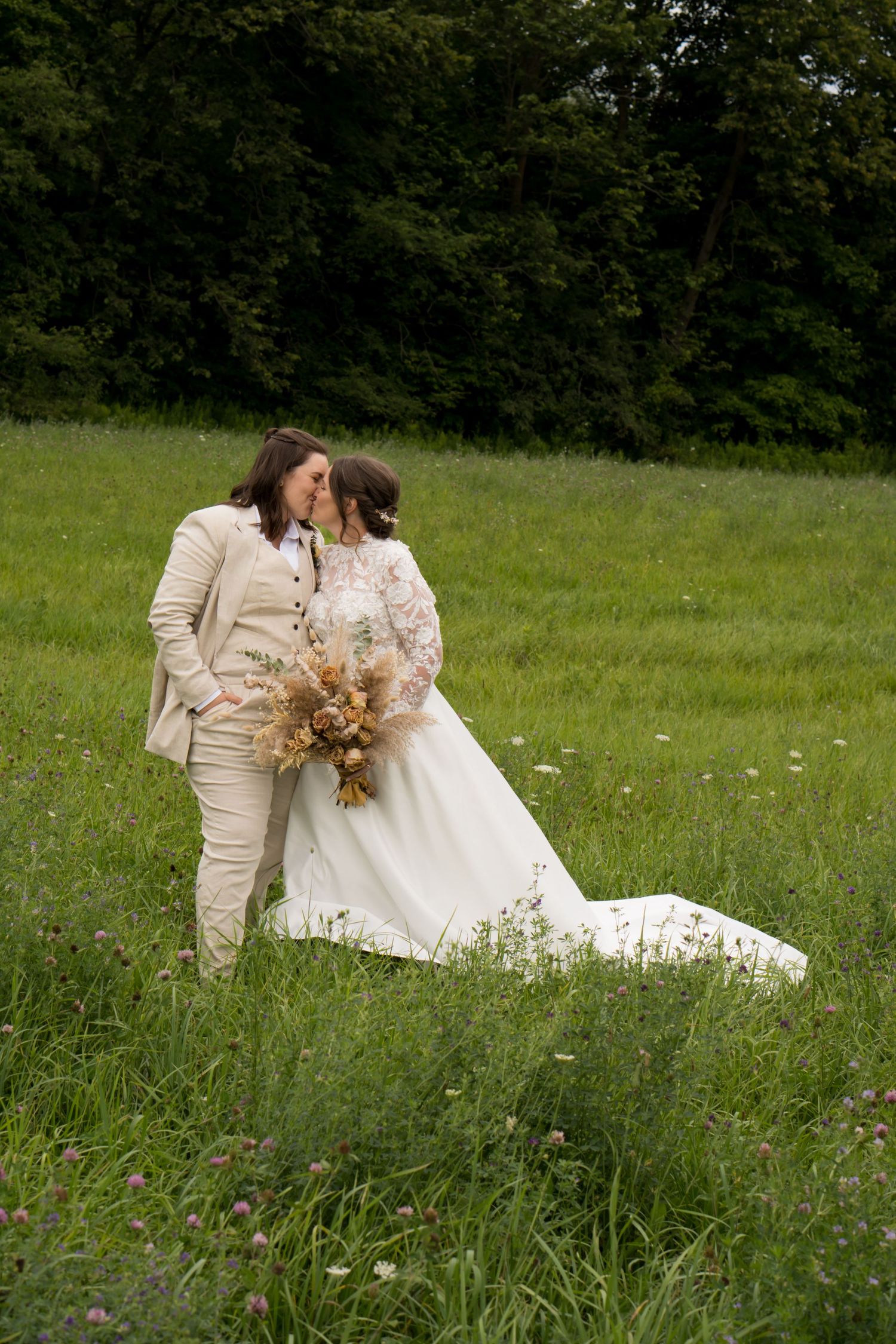 brides in flower fields