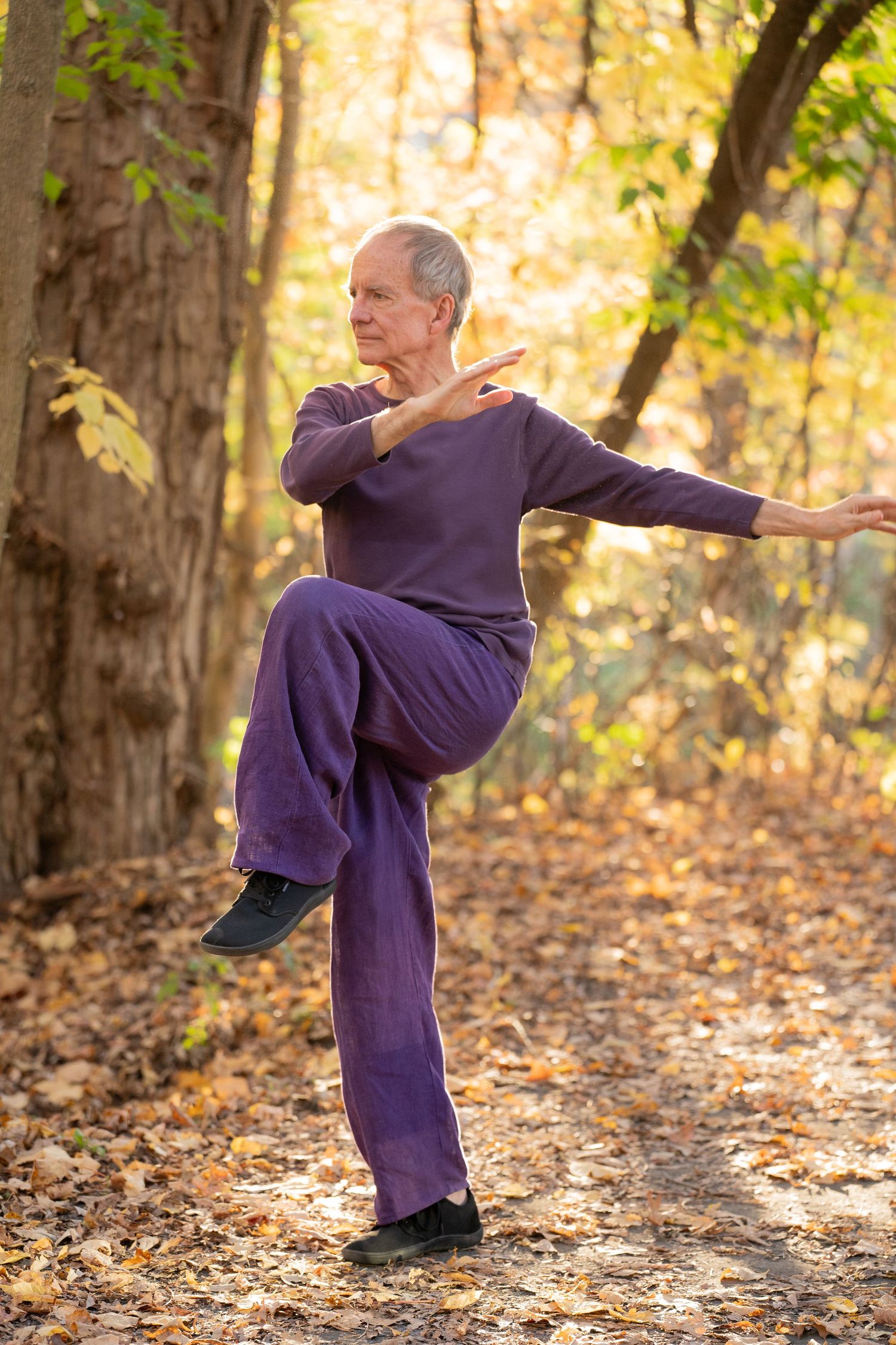 A martial artist performs flowing movements in a purple gi among autumn leaves in a wooded setting.